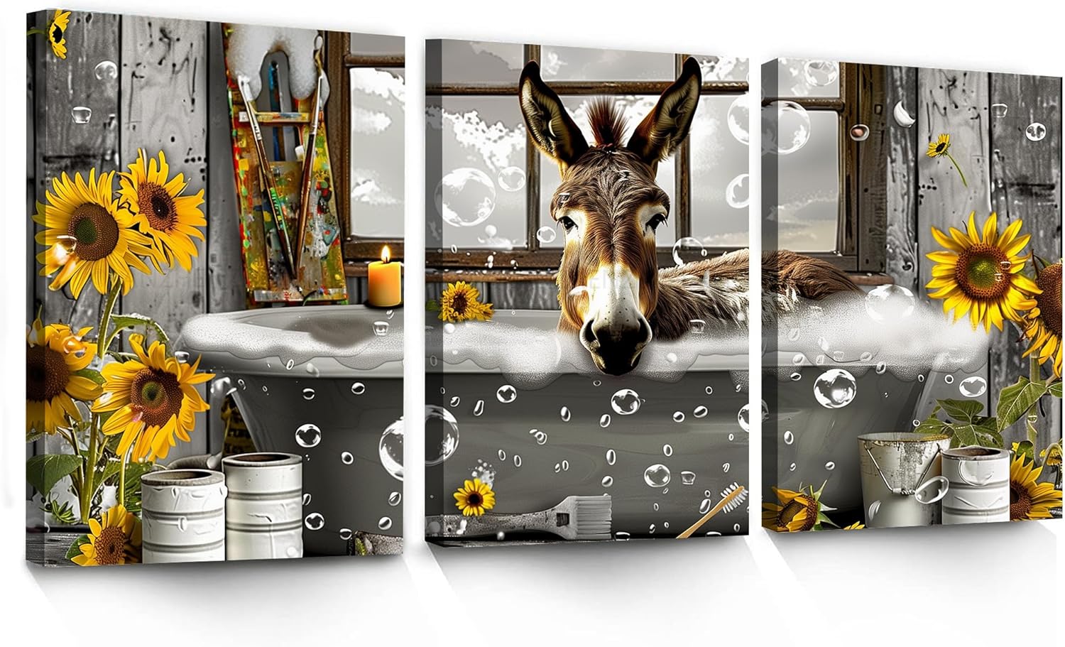 LANZHENZHENART 3Pcs Funny Donkey Wall Art Sunflower Bathroom Picture Canvas Painting Prints For Home Dining Room Living Room Wall Decor Poster Artwork(12" x 18" x 3 Panels Framed)