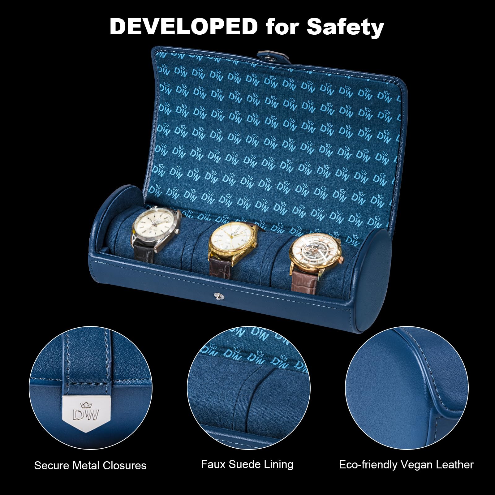 XTELARY Rullo per orologi 3 orologi, custodia da viaggio con cuscino rimovibile per uomo e donna, vetrina in pelle per collezioni di orologi e regalo per anniversario o compleanno (blu portaorologi)