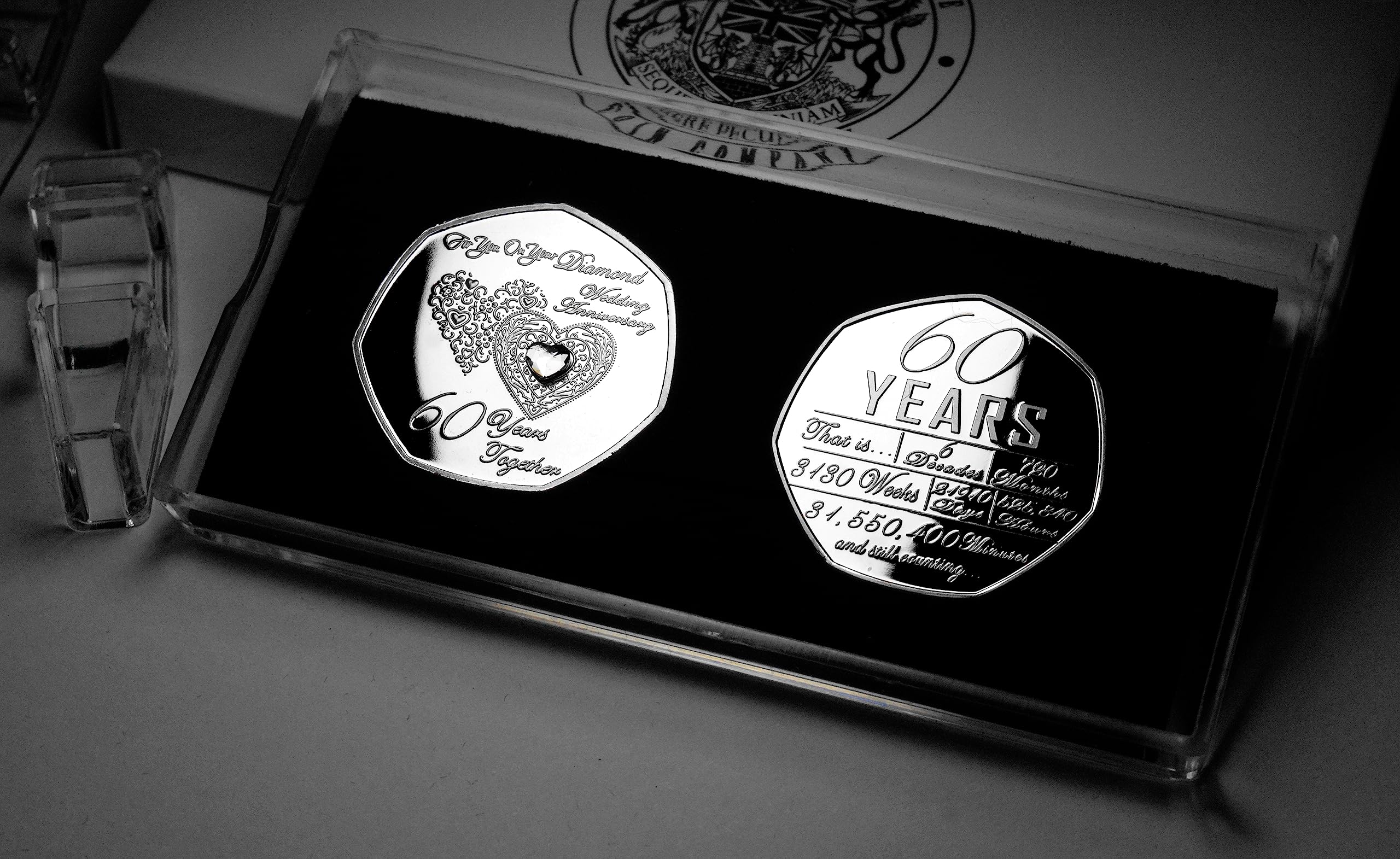 The Commemorative Coin Company Pair of On Your 60th DIAMOND WEDDING ANNIVERSARY Commemoratives. Gift/Presentation Case/Box. Diamante Gemstone. 60 Years Together