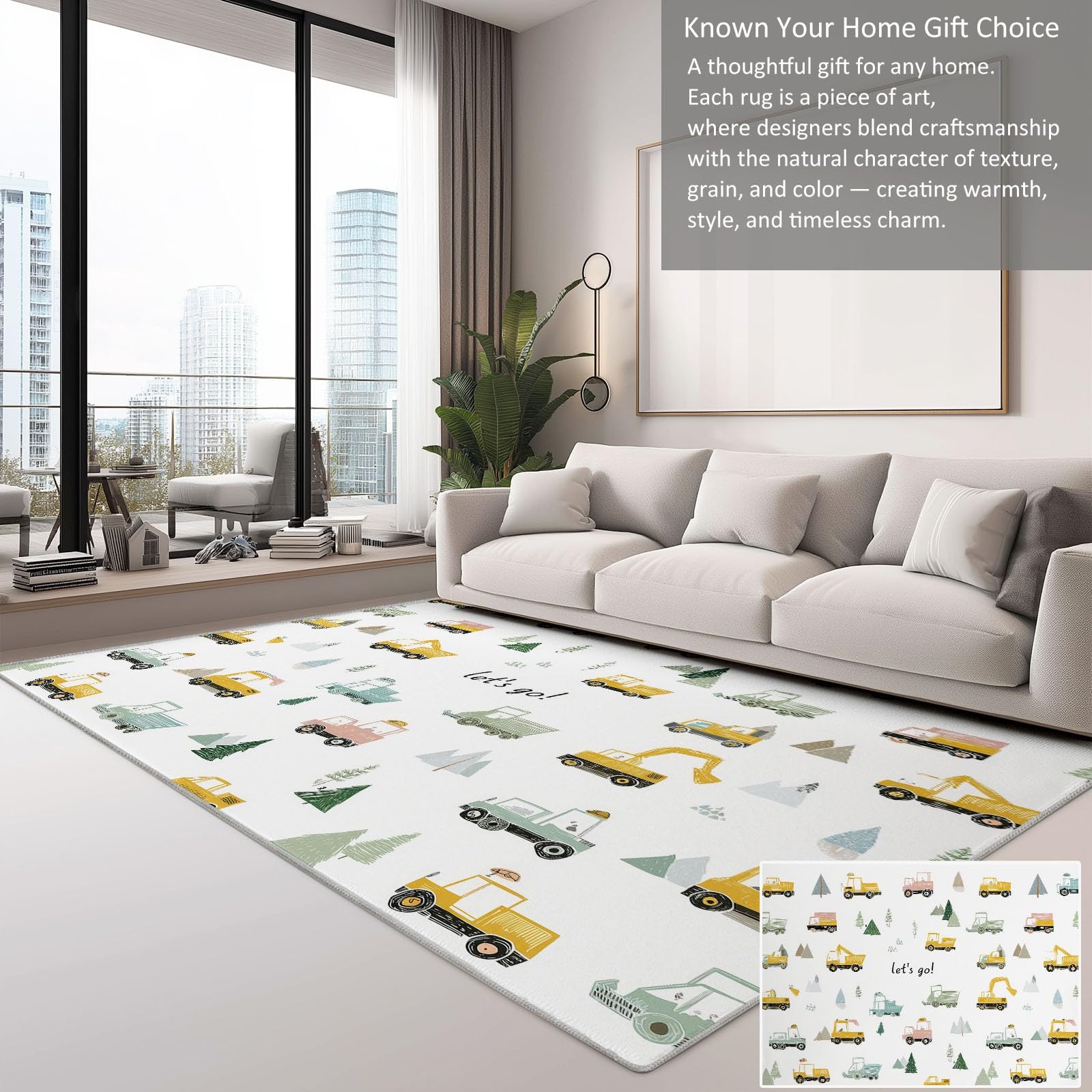 Tappeto Lavabile 80 x 150 cm Cartone Animato Veicolo Costruzione Alberi, Tappeto Antiscivolo Pelo Corto Bianco - Tappeti Antimacchia Resistente, Tappeti per Soggiorno Cameretta Bambini Animali