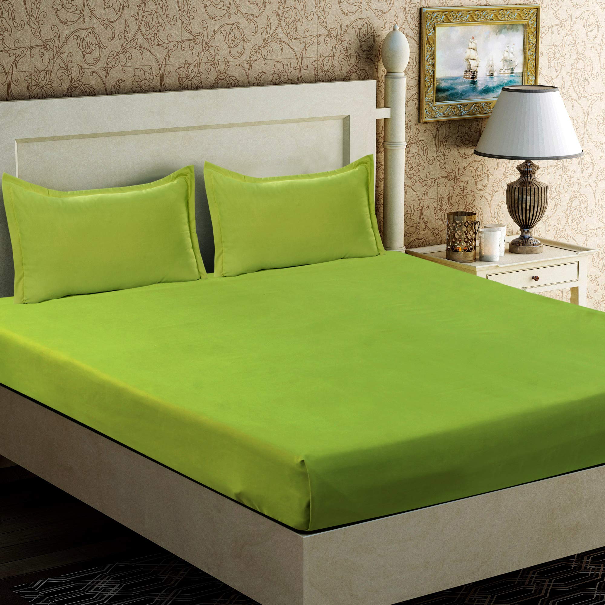 BROMWICK 220 TC Solid Color Microfiber Double Bed Sheet with 2 Pillows, Green:Neon