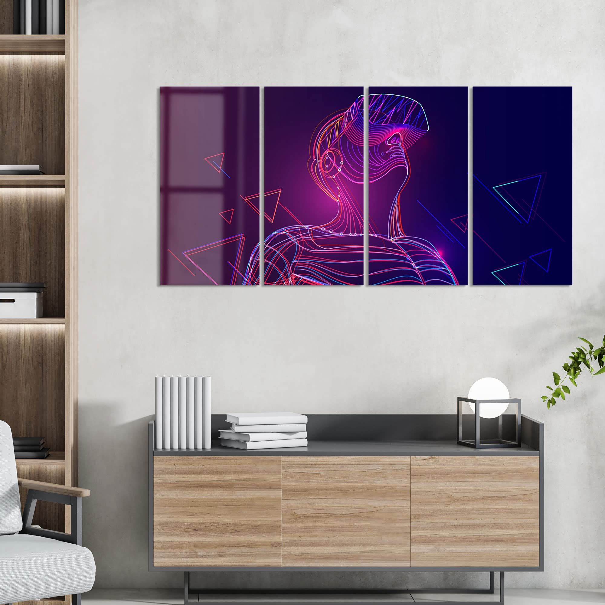 DEQORI Obrazy na szkle z prawdziwego szkła, motyw "mężczyzna z okularami VR", poziome, 4-częściowe, 120 x 60 cm, duża dekoracja XXL, obrazy ścienne do salonu, sypialni, przedpokoju i kuchni, nowoczesna dekoracja ścienna