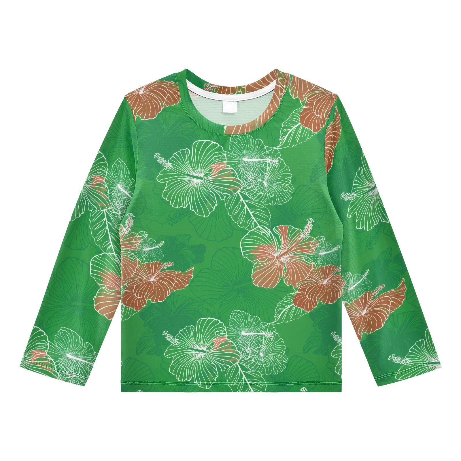 Hibiscus Flower Line Green Rash Guard Shirt for Boys Sun Protection Shirt for Beach Pool Sport UPF50+ 7-8T