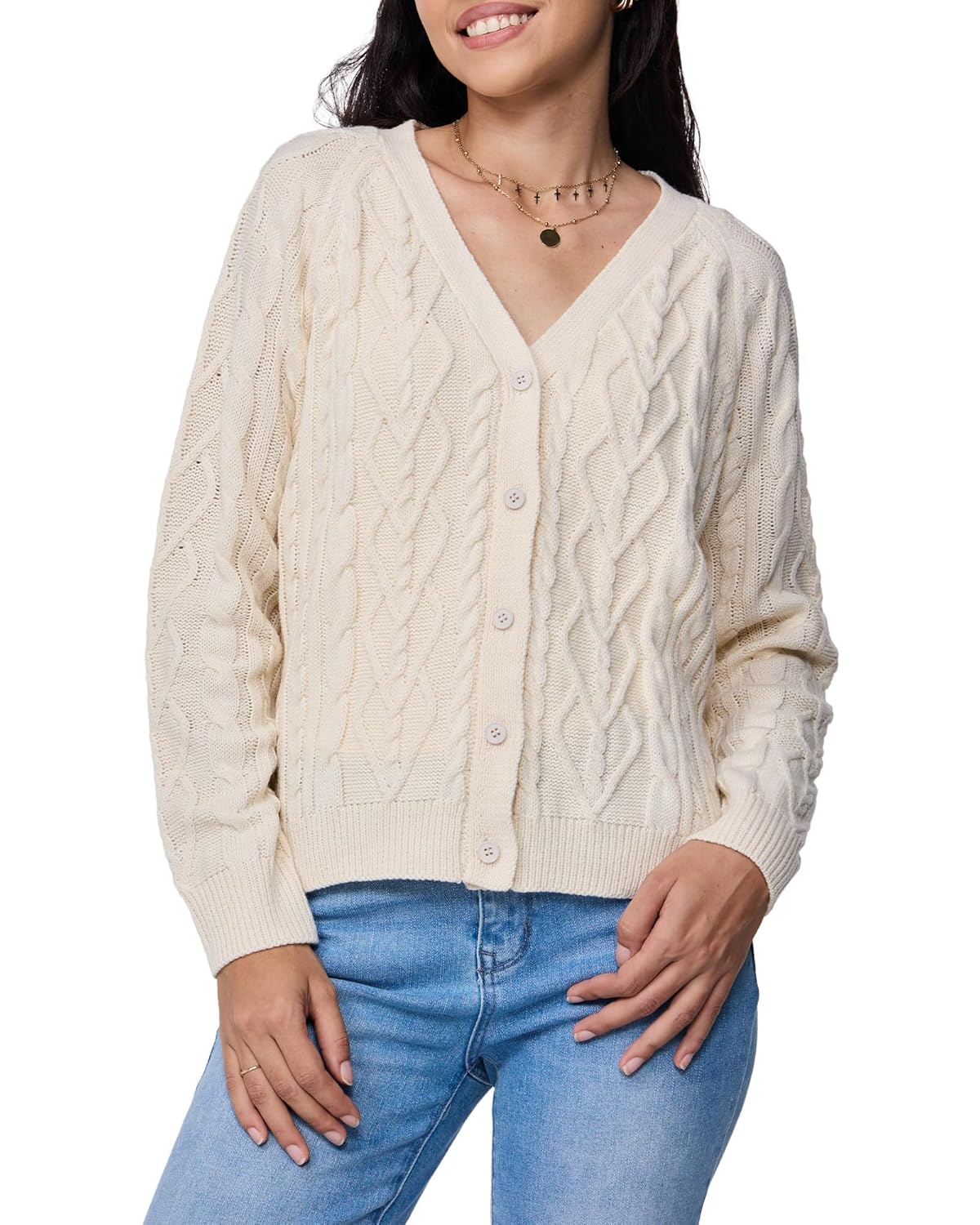 Cardigan Sweaters for Women Long Sleeves Oversized Womens V-Neck Button-Up Cable Knit top