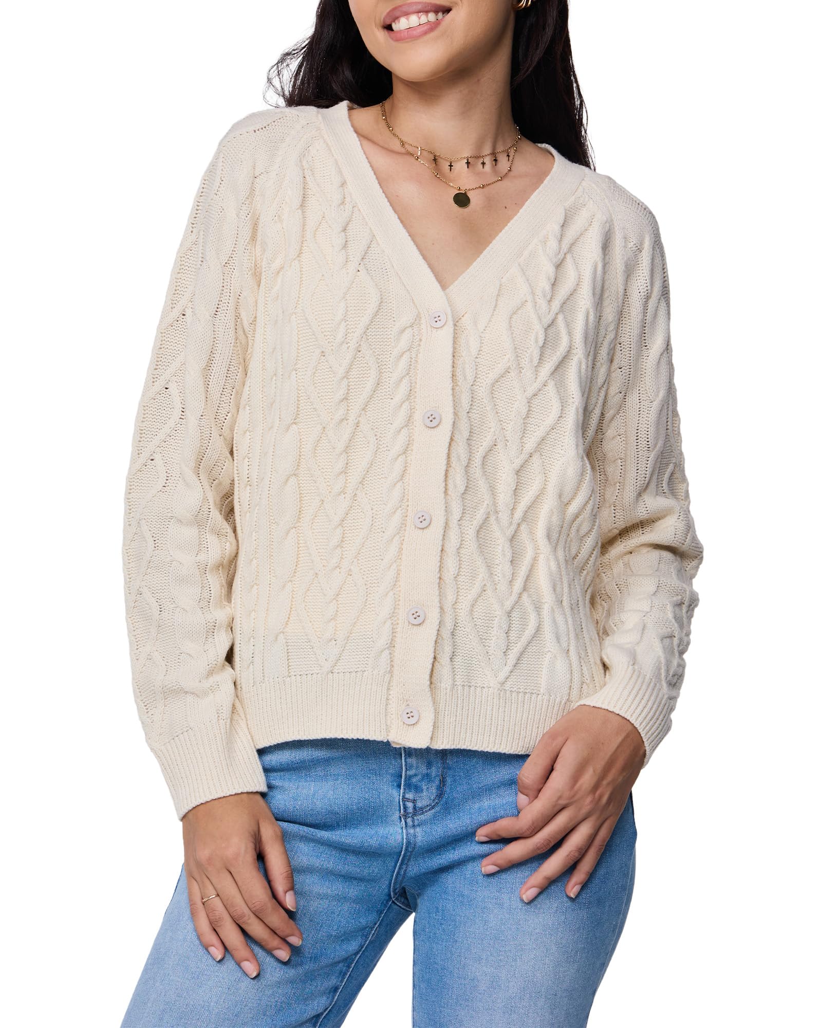 Cardigan Sweaters for Women Long Sleeves Oversized Womens V-Neck Button-Up Cable Knit top