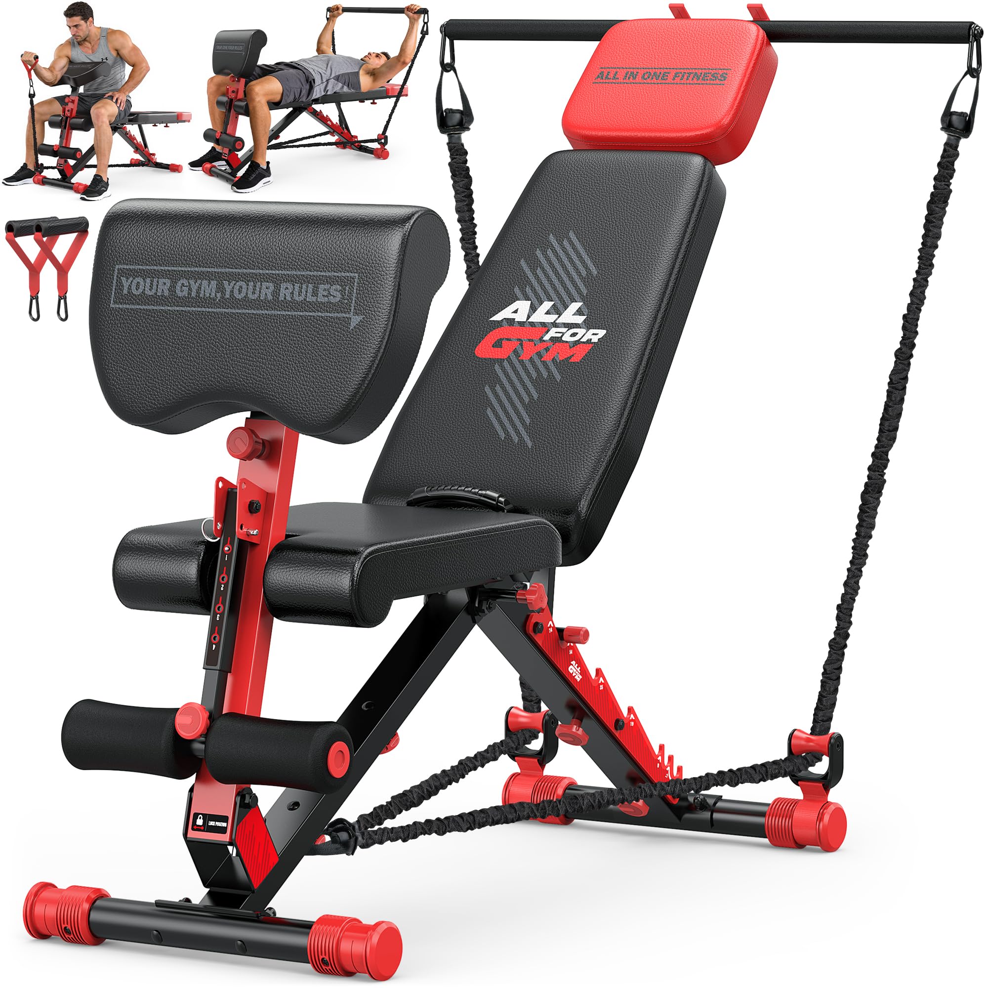 Workout Bench, Foldable Weight Bench with Variable Resistance Training Set, 880LBS Adjustable Bench with Leg Extension, Preacher Curl, Extended Headrest, Incline Decline Flat Bench for Strength Training