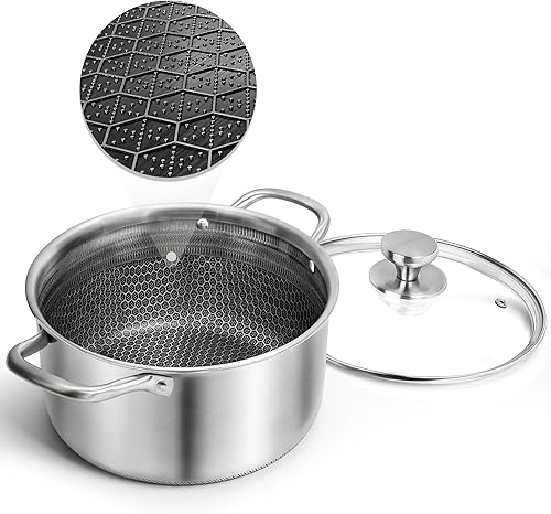 AuFranc Olla híbrida antiadherente de acero inoxidable de 6 cuartos de galón con tapa de vidrio, olla de inducción con tallado de panal, olla de