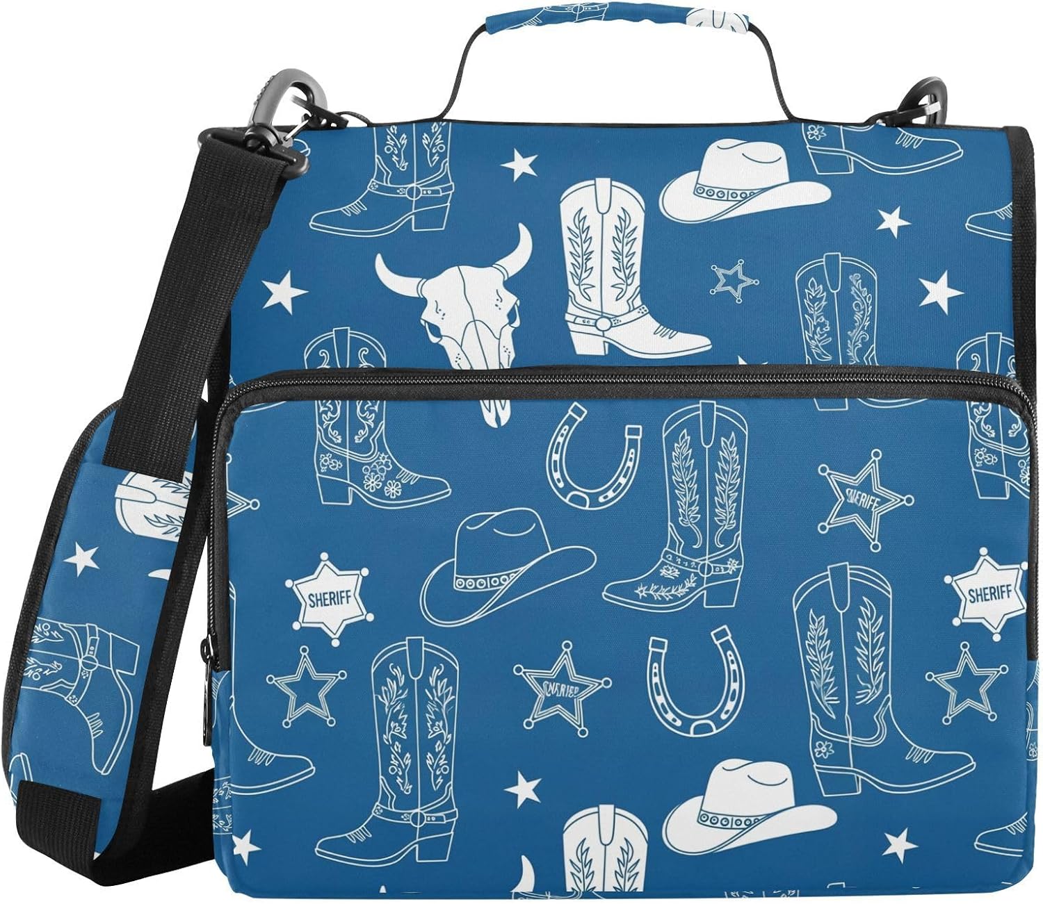 Western Cowboy Blue Pattern 3 Ring Zipper Binder with Shoulder Strap & Handle 1.5 Inch D-Ring Zippered Bag with Pencil Pouch,Expanding File Folder, Binder Organizer for School or Office