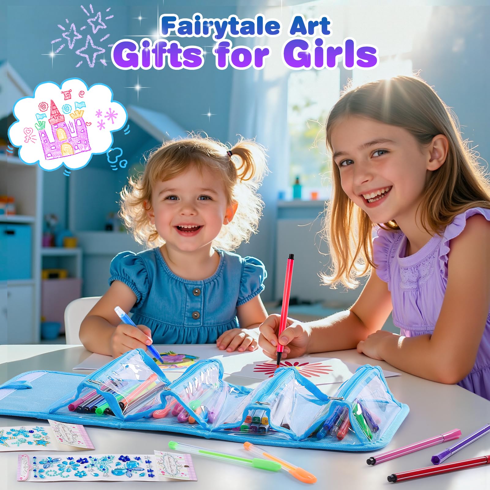 HappyGoLucky Valigetta Colori per Bambini Acquerelli Pastelli Pennarello, Regalo Bambina 3-10 Anni, Kit Disegno Colori per Bambini - Impermeabile e Facile da Pulire - Regali di Natale (Blu)