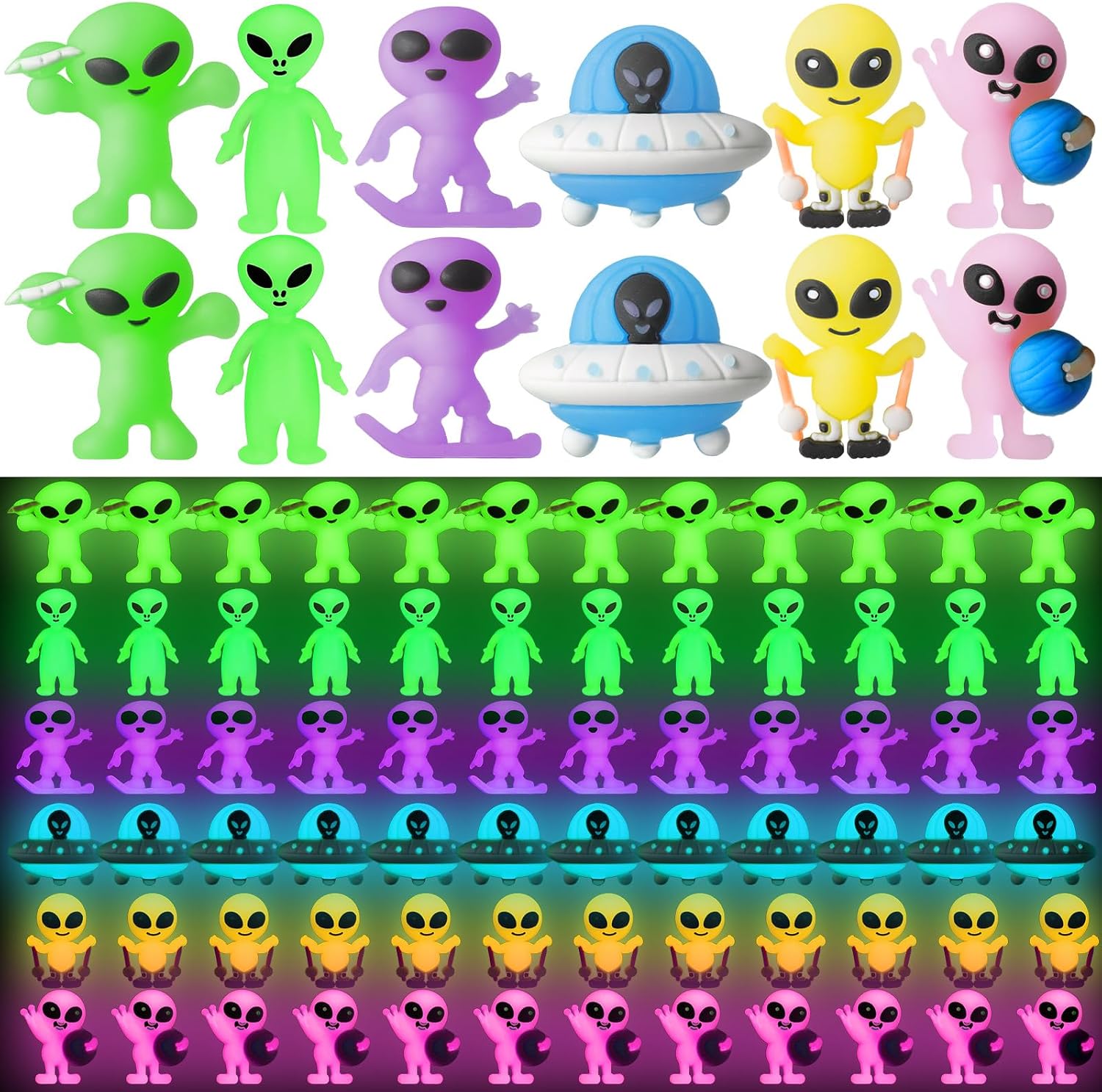 CroBlissful 100pcs Luminous Little Alien Figures Halloween Party Favors Include 6 Styles Glow in Dark Practical Jokes for Pinata Space Party Fillers Gag Hide and Seek