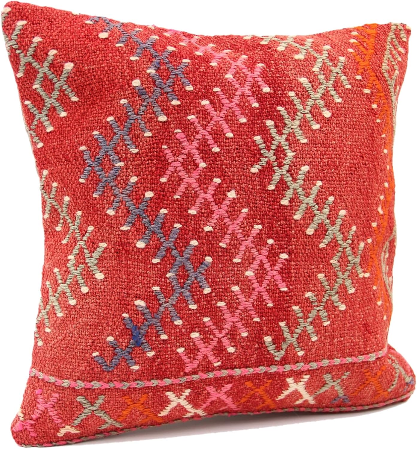 Throw Kilim Pillow Cover 16x16 inch Decorative Nomadic Boho Design Oriental Accent Vintage Teppich Interior Design Bohemian Retro Anatolian Natural Dye Cushion Cover M3438