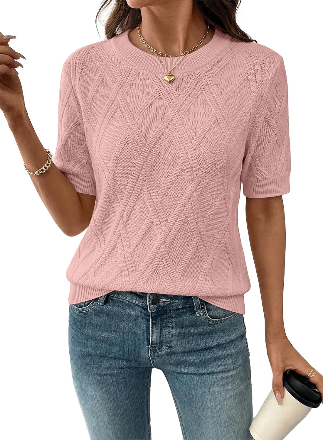 SHEWIN Womens Tops Crewneck Short Sleeve Sweater Cable Knit Business Casual Tops Spring Outfits for Women 2026