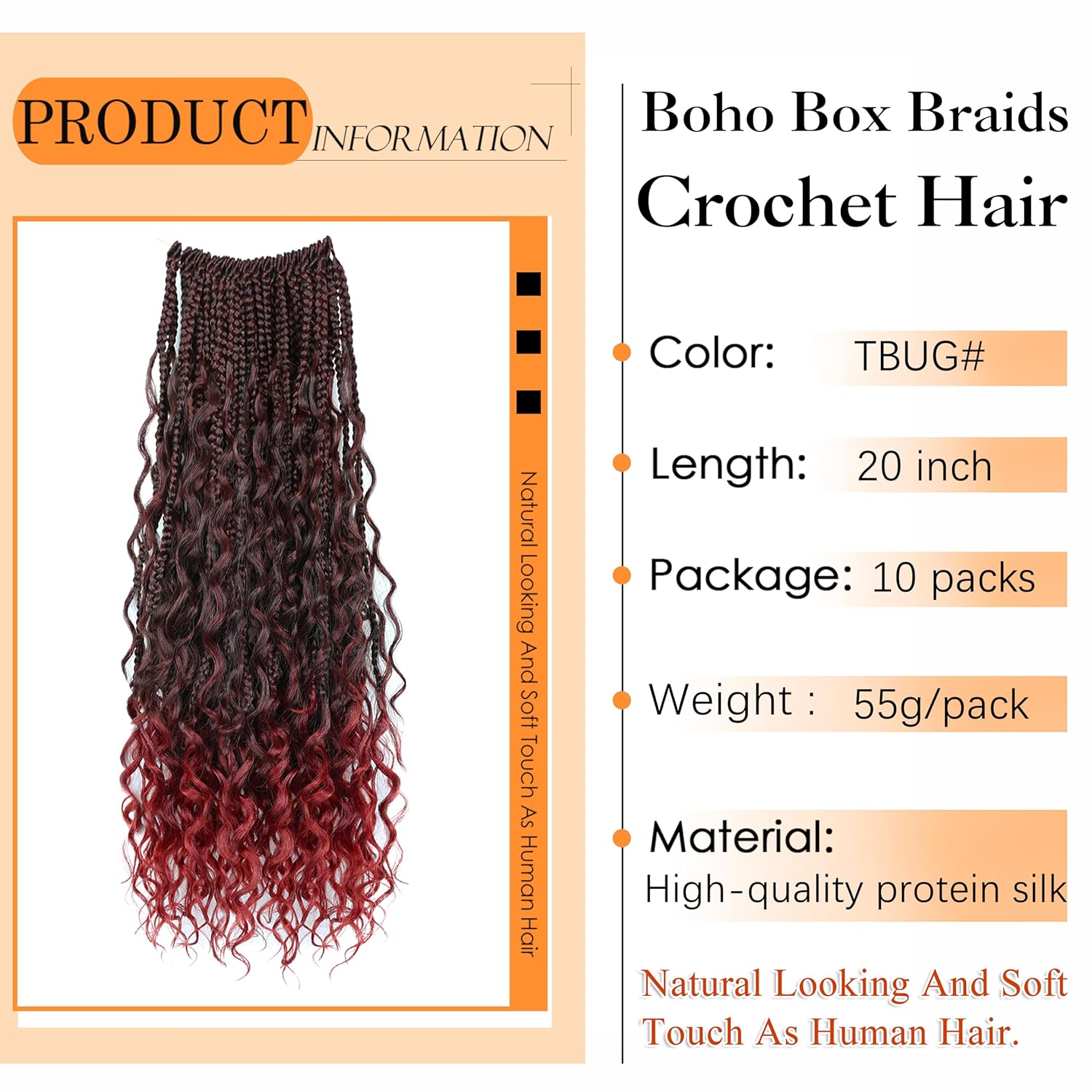 Boho Crochet Braids Pure Protein Fiber Close to Human Hair 20 Inch 10 Packs Goddess Box Braids with Soft Curls Bohemian Braids Crochet Hair for Black Women(20Inch TBUG#)