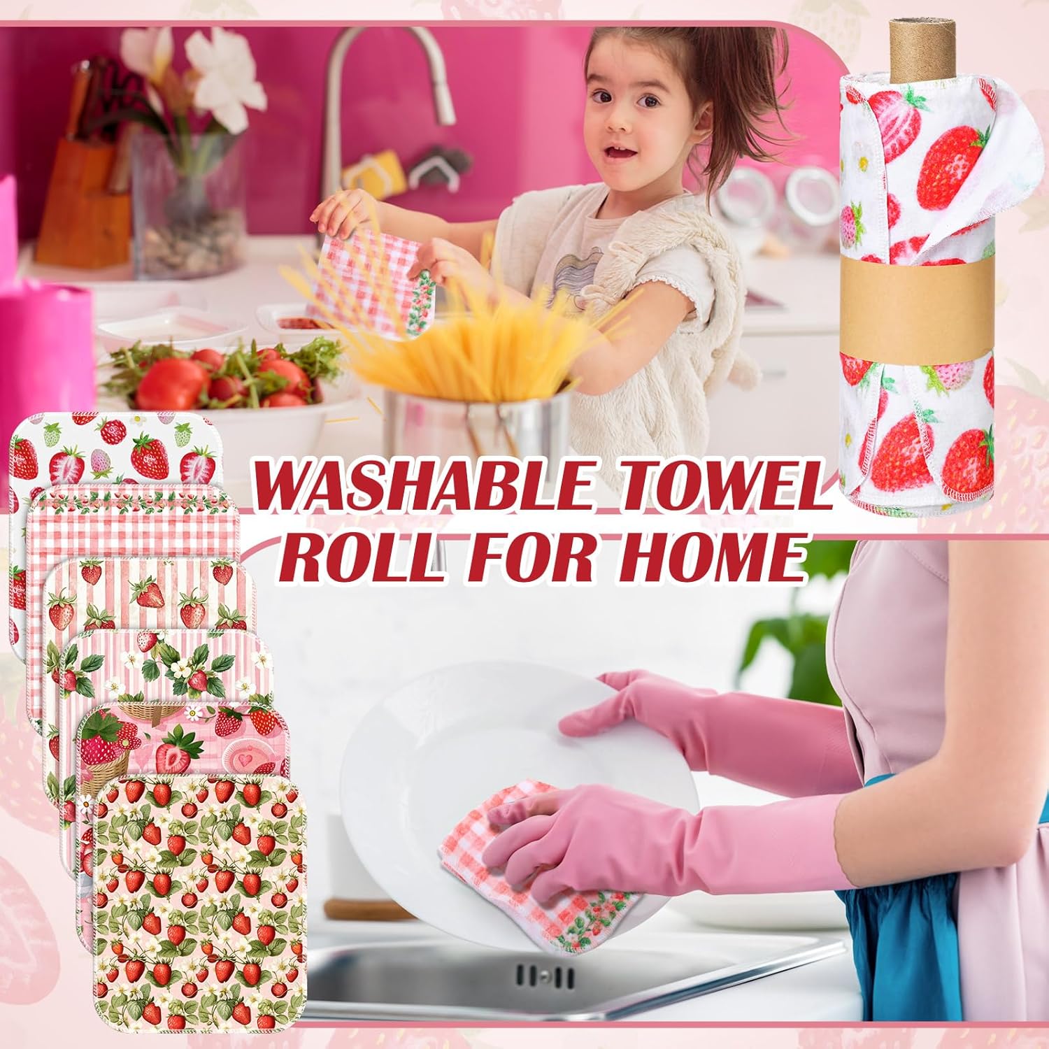 36 Pack Reusable Cleaning Cloths Washable Cotton Kitchen Dish Towels for Home Party Supplies Bulk, 9.84x11.81in (Strawberry)