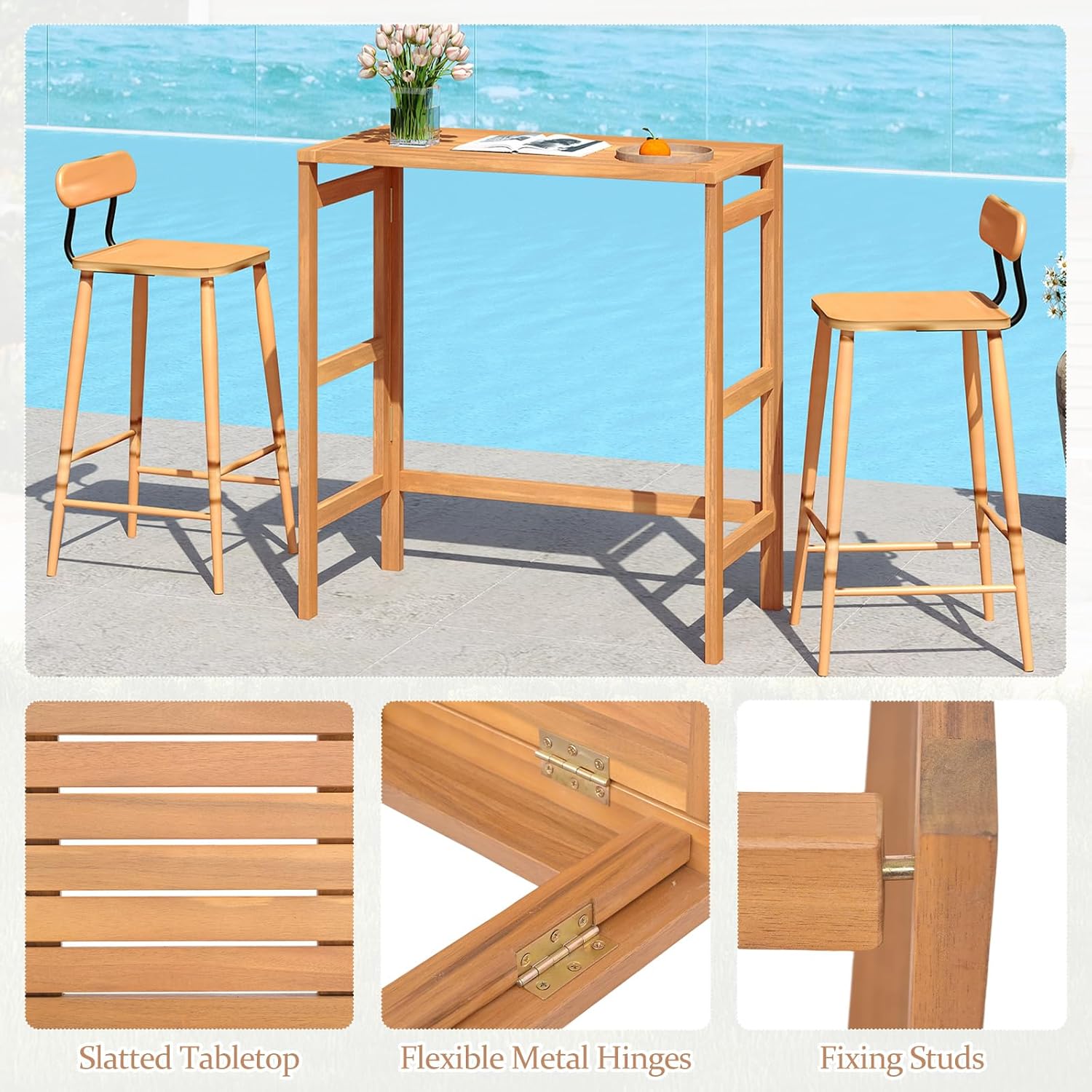 Tangkula Acacia Wood Outdoor Folding Bar Table, Patio Rectangle Counter Height Pub Table with Slatted Tabletop, for Balcony, Backyard Garden and Poolside