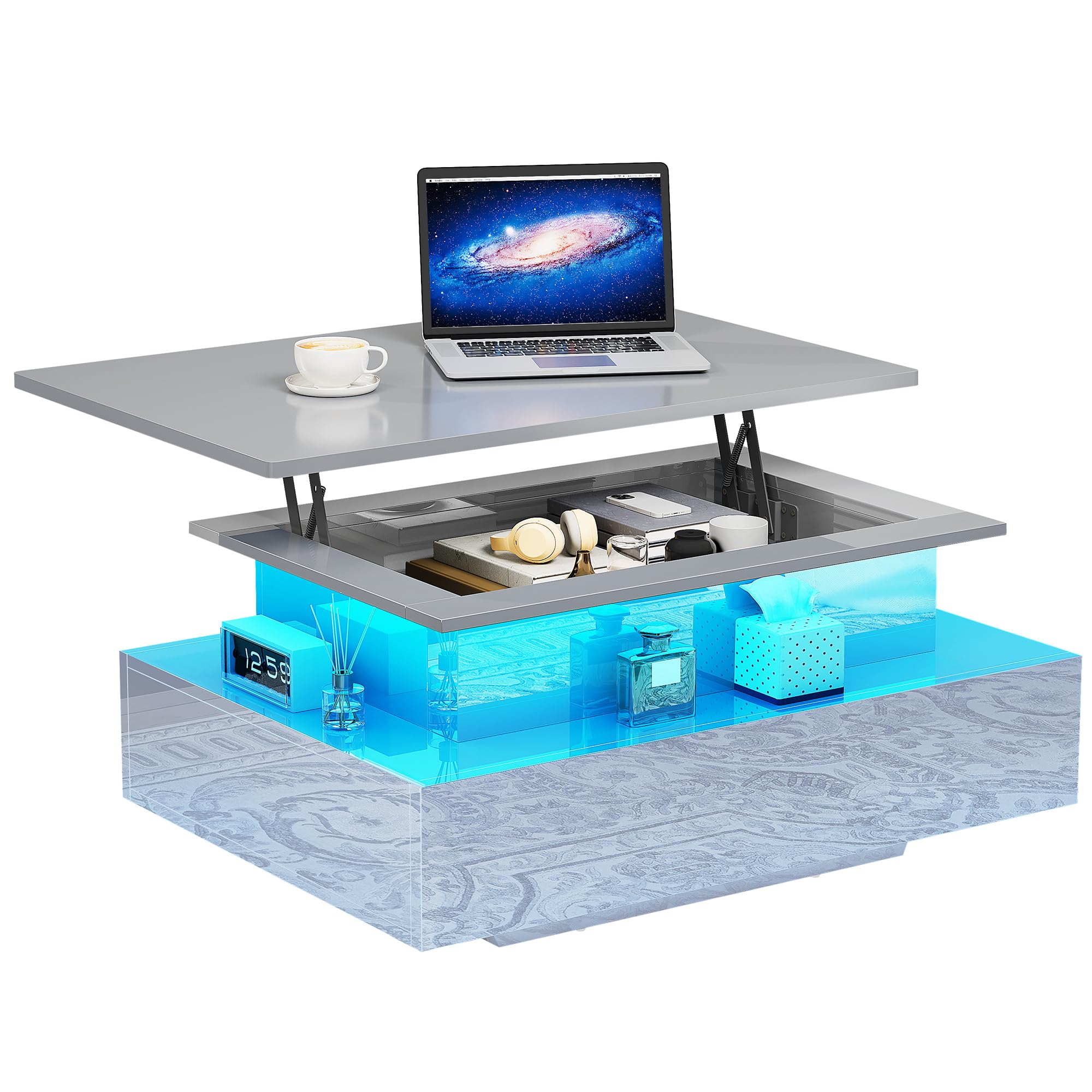 YITAHOME Tavolino da caffè lucido con striscia LED, tavolino da caffè con ripiano superiore sollevabile per soggiorno, moderno tavolo da tè rettangolare in legno con 2 cassetti