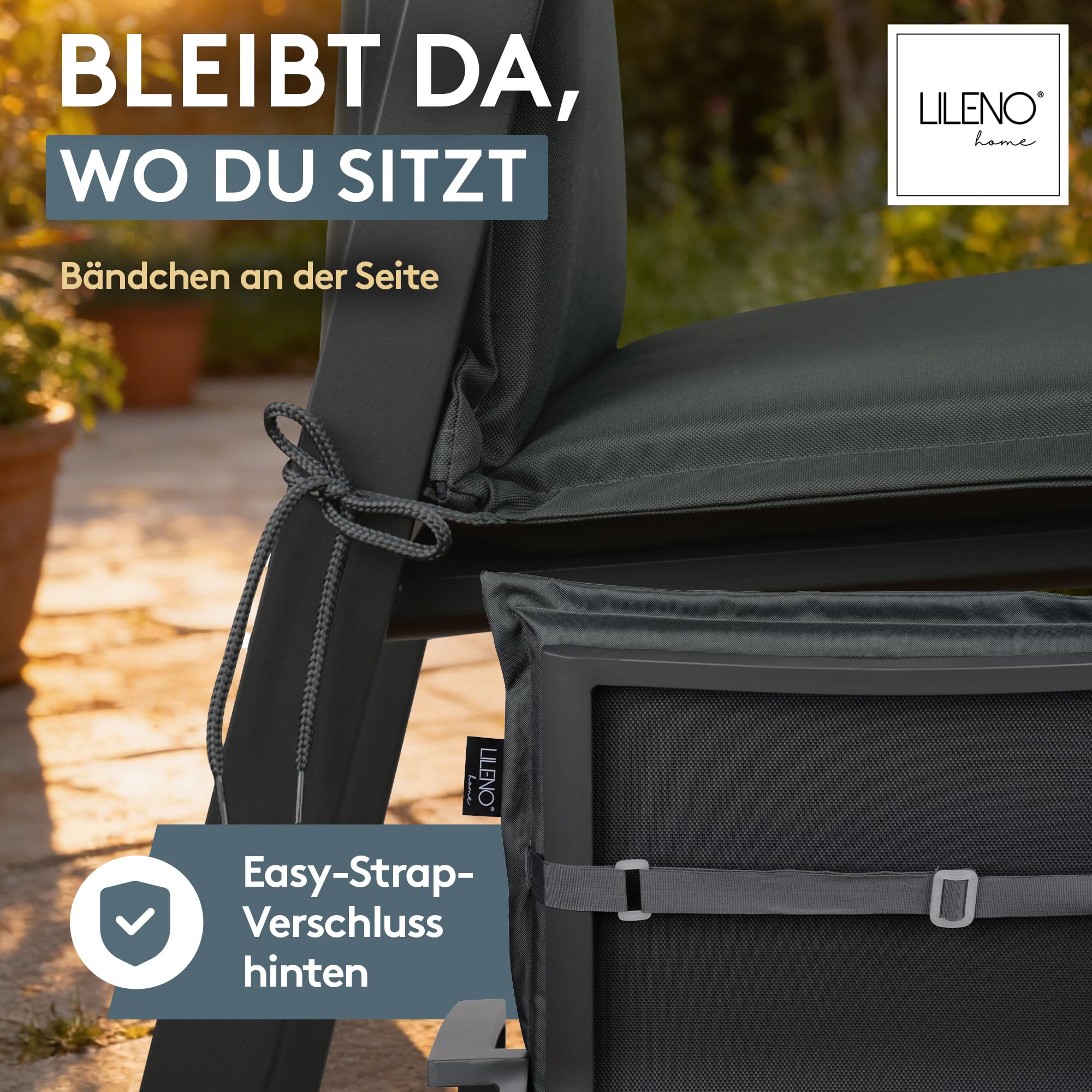 LILENO HOME Gartenstuhl Auflagen [4er Set - Niedriglehner] in Anthrazit - Bequeme Liegen als Sitzauflagen für Gartenmöbel - Stuhlkissen für Gartenstühle und Klappstühle MIA