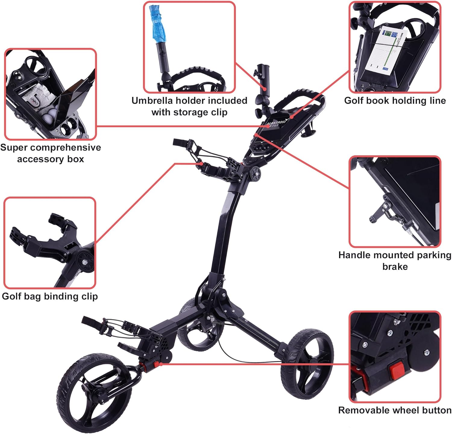 Fitvids Wheel Golf Push Cart - Lightweight Folding Golf Walking Push Cart Trolley Golf Bag Holder