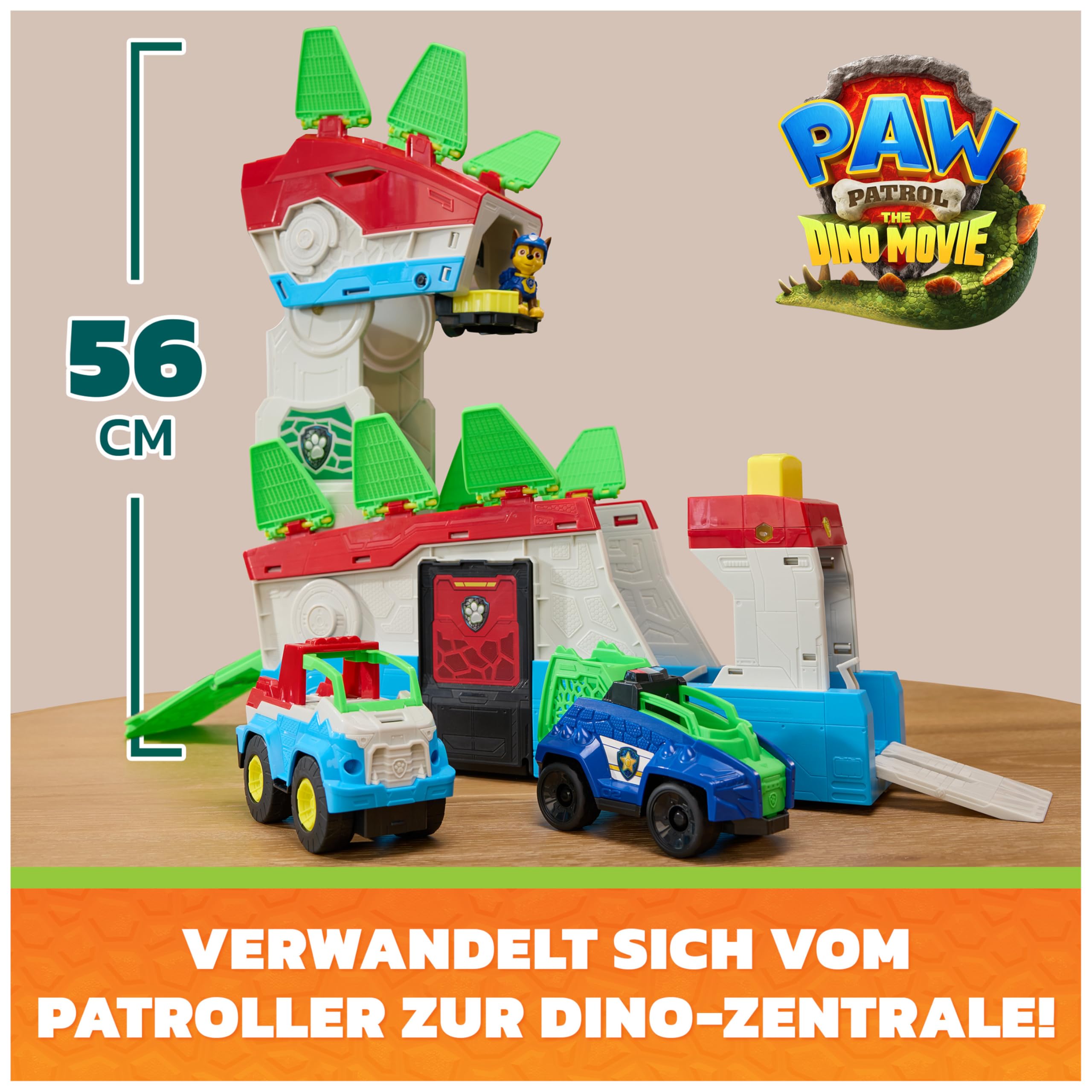 PAW PATROL: Der Dino Film, 2-in-1 Mobiles Dino-Hauptquartier, Transformierbarer Patroller Wird zum HQ, inkl. Chase Fahrzeug und Figur, Geräuscheffekte, Spielzeug für Kinder ab 3 Jahren