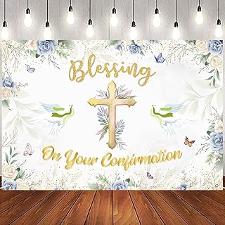 On Your Confirmation Backdrop Banner, Blessing Photography Backdrop Durable Fabric 1st Religious Baptism Bridal Shower Wedding Party Decorations Photo Booth Props 6x4ft