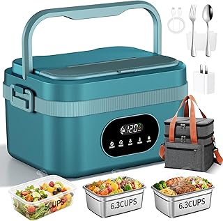 Cordless Heated Lunch Box with 24000mAh Battery,Electric Lunch Box for Adults,3 Containers with Lids 2 Stainless Steel and 1 Plastic,Portable Food Warmer Power Bank Function for Office Travel Work-BLU