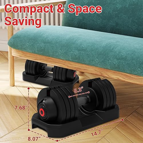 Miniatura 5 de Rovibek Juego de 2 mancuernas ajustables de 3 a 52 libras, pesas ajustables rápidas con asas antideslizantes y bandeja, juego de mancuernas 5 en 1