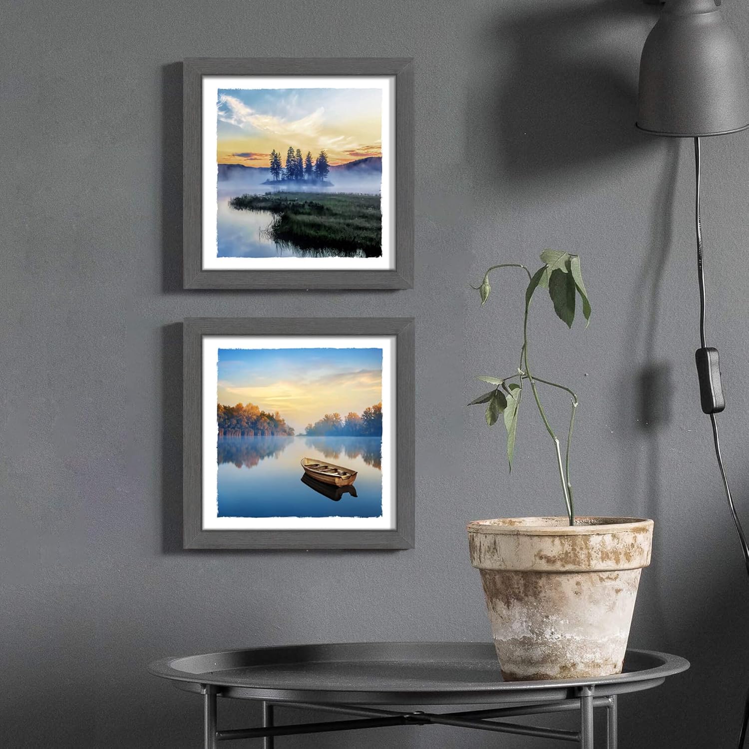 Lake Landscape Framed Wall Art: Modern Foggy Mountain Picture Natural Sunset Sunrise Wilderness Boat Tree Scenery Artwork Print Painting for Bedroom Living Room Bathroom Office