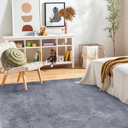 Miniatura 6 de Alfombra gris esponjosa de 5 x 8 pies para sala de estar, alfombras grandes y peludas para dormitorio, alfombra suave y esponjosa para sala de