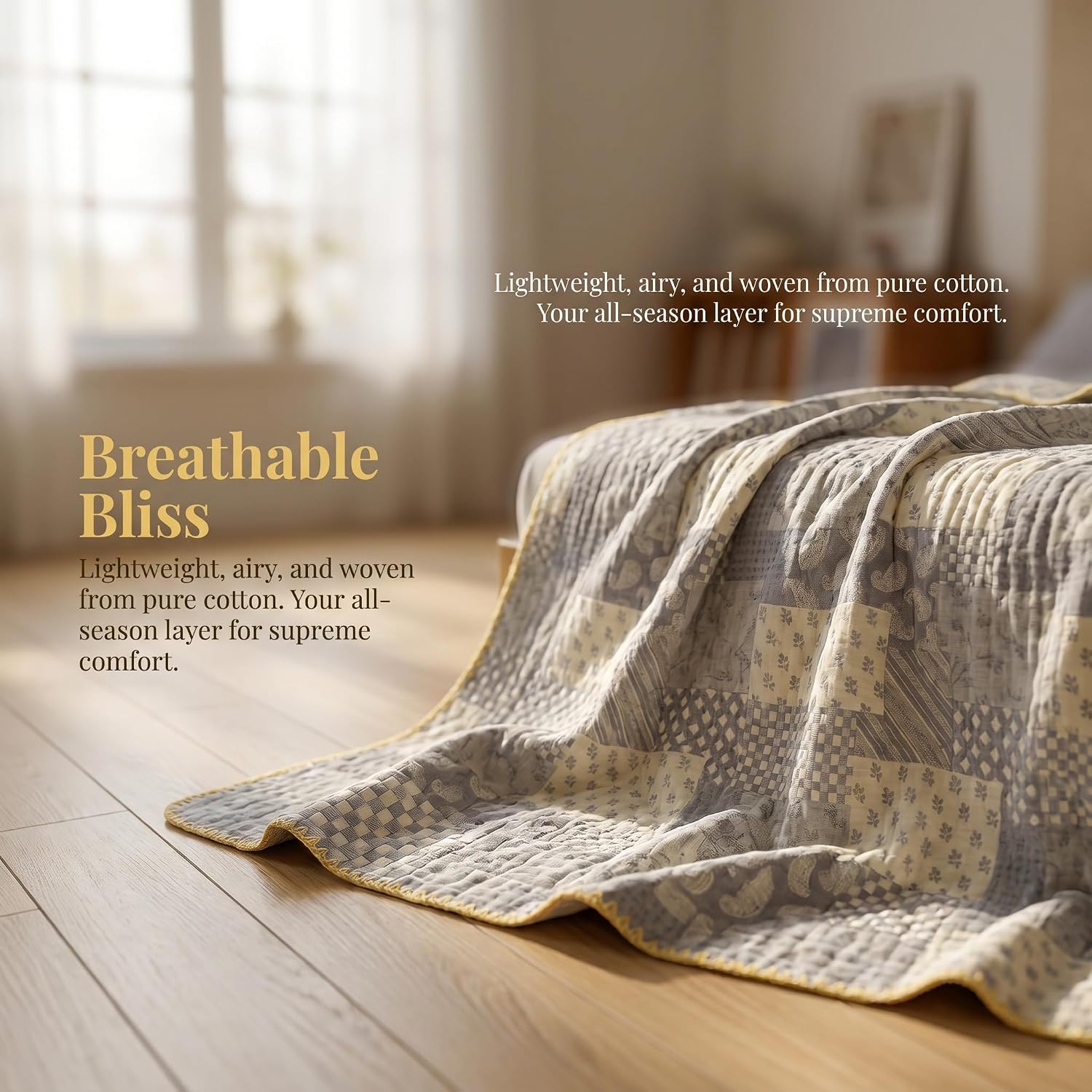 100% Cotton Muslin Blanket King Size 4-Layer Gauze Quilted Lightweight Breathable Cooling Blanket for Adults, Soft Summer Bed & Couch Cover All Season (Gray, King 90 * 104 in)