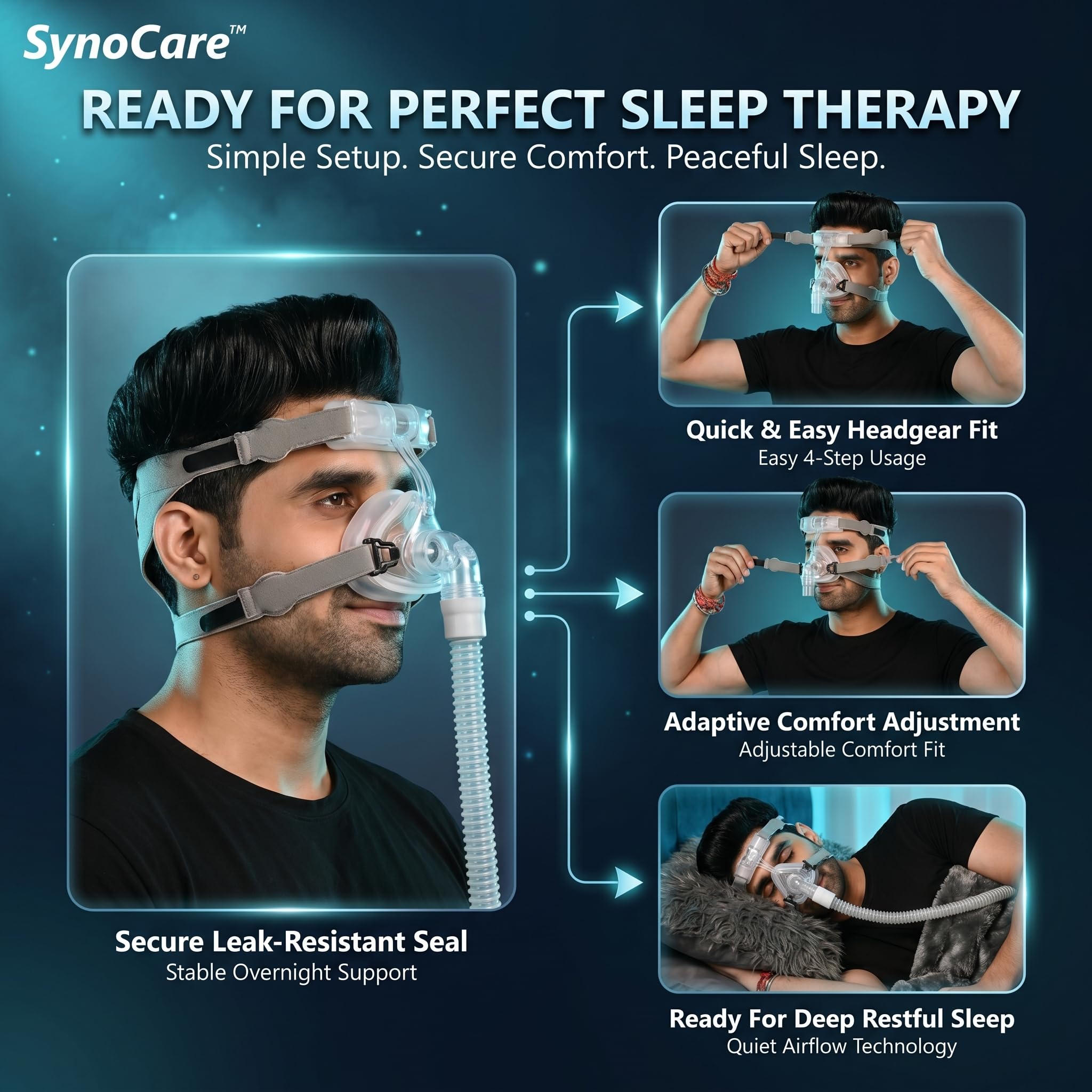 Synocare Cpap Mask for cpap machine for sleep apnea NASAL CPAP type face mask covers nose only compatible to all cpap machine with head strap 100% Transparent (MEDIUM)