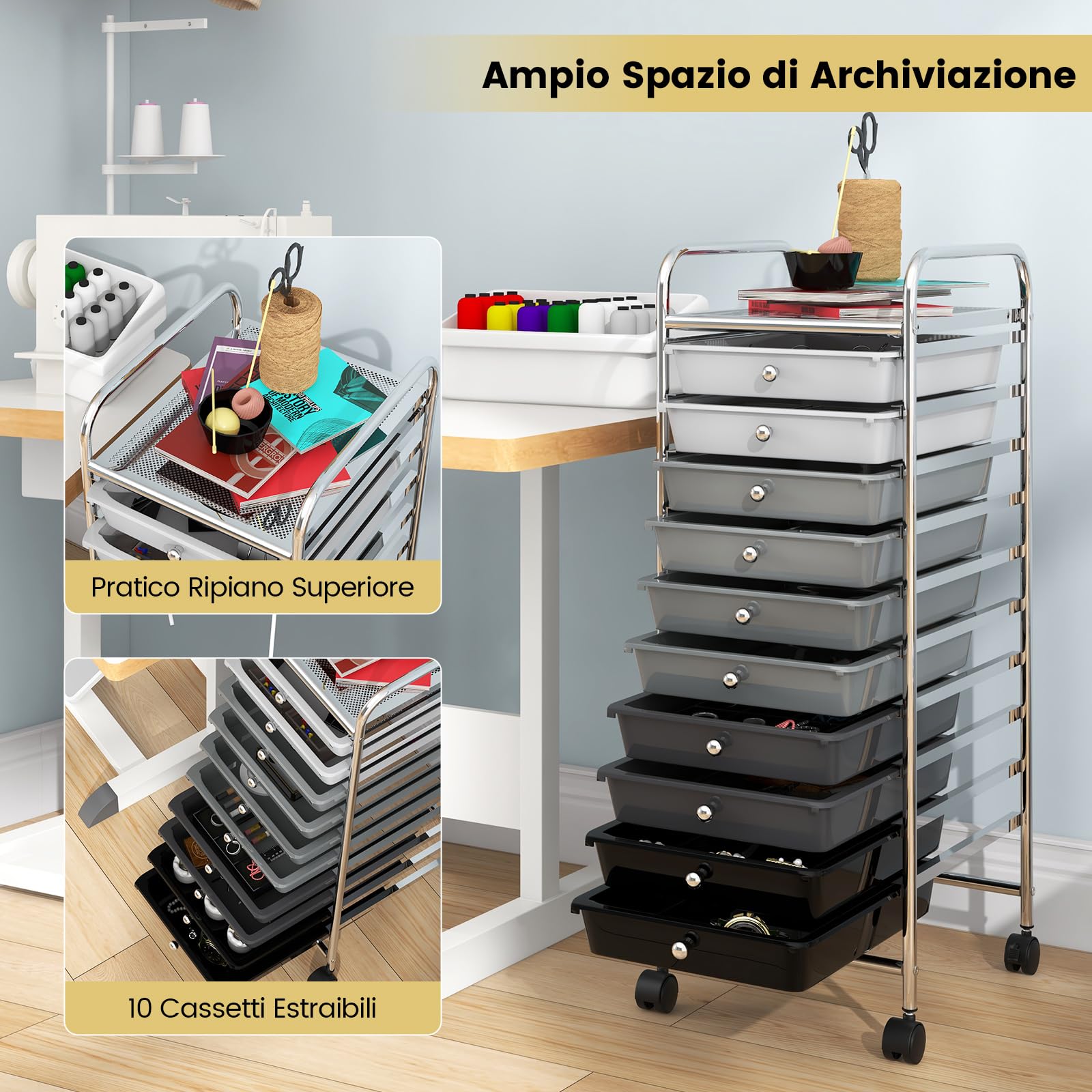 GYMAX Carrello Portaoggetti con 10 Cassetti Staccabile, Carrellino Salvaspazio con Ruote, per Uffici, Parrucchieri, Studio, Soggiorno, 38 x 33 x 86 cm (NERO SFUMATO)