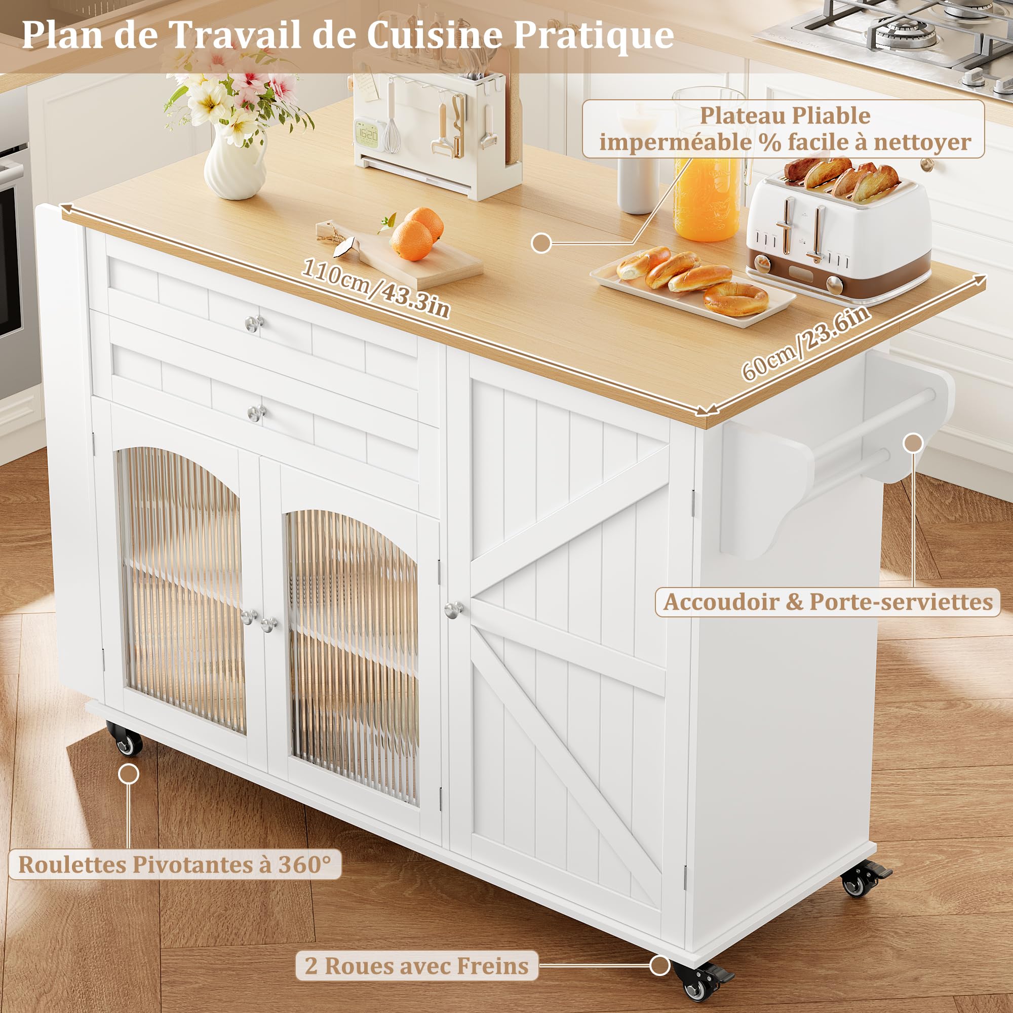 FirFurd Îlot Central Cuisine Desserte Cuisine à roulettes avec Plans de Travail Rabattable Meuble de Cuisine avec 2 Tiroirs, 3 Portes, Support à Épices, Porte-Serviette 132x40x97,5cm Blanc