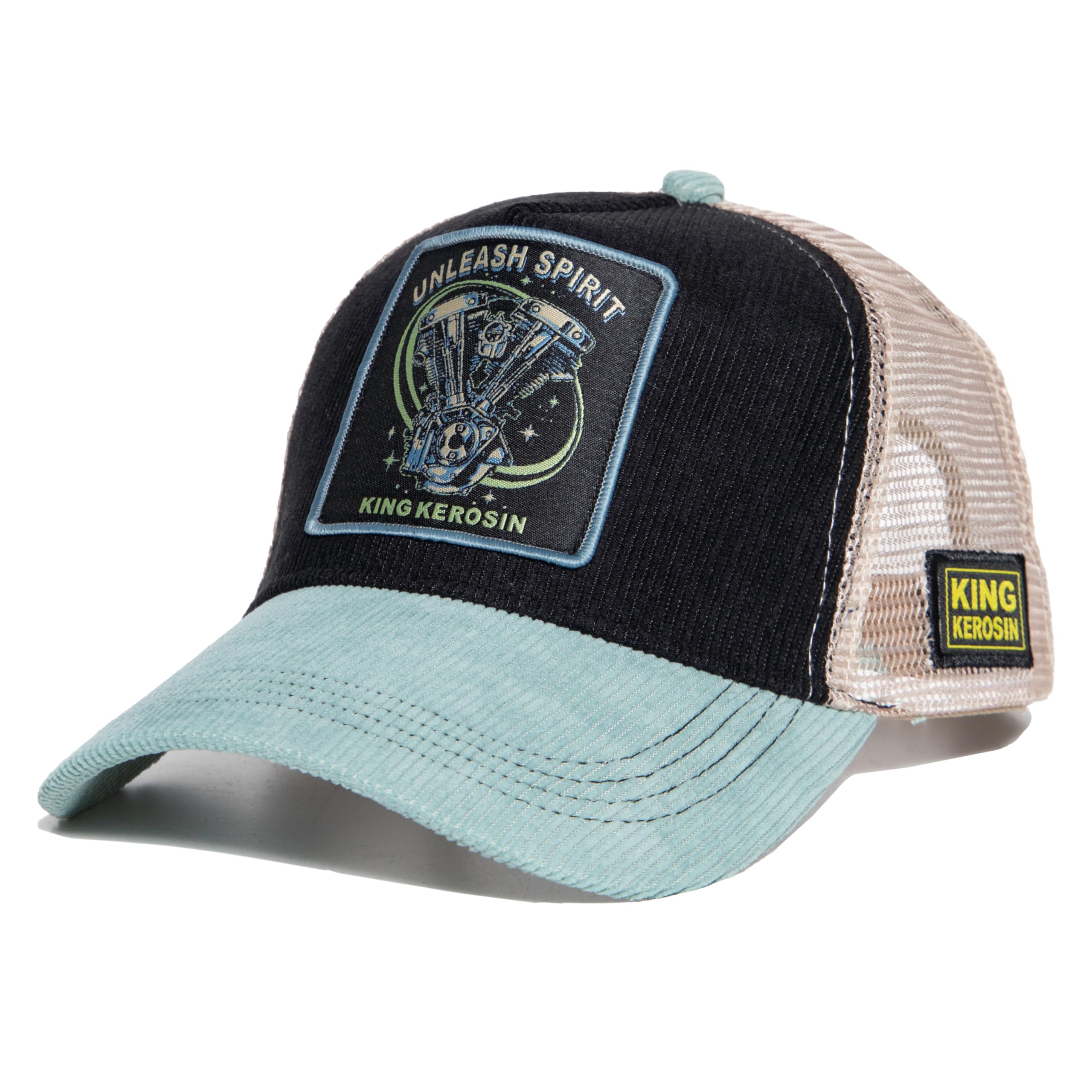 King Kerosin Men's Trucker Cap, Mesh Cap, Made of Corduroy, Cap, Retro, Biker, Motorcycle, Vintage, Mesh, Snapback Unleash Spirit, black, One Size