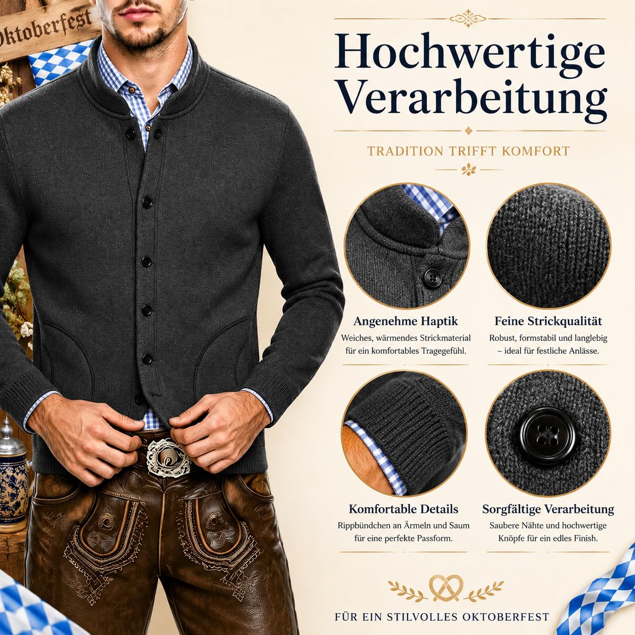 Trachtenjacke Herren - Traditioneller Trachtenjanker mit Knopfleiste, Strickjacke Herren, Oktoberfest Outfit, Lederhosen Jacke, Trachtenweste, Trachtenmode für Männer, Dunkelgrau und Grau, L-5XL