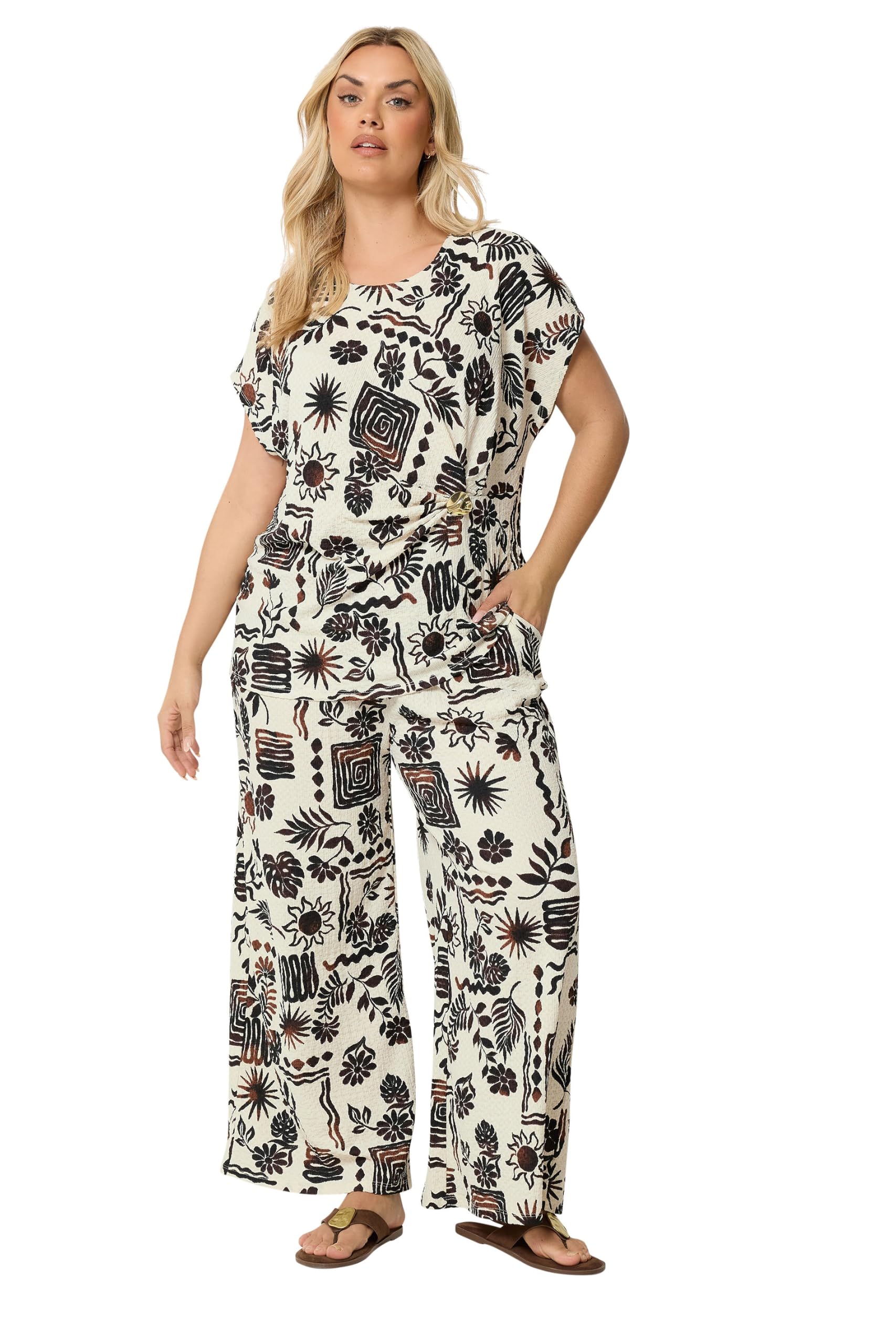 Yours Women's Off White Printed Crinkle Wide Leg Trousers In White | Size: 20S