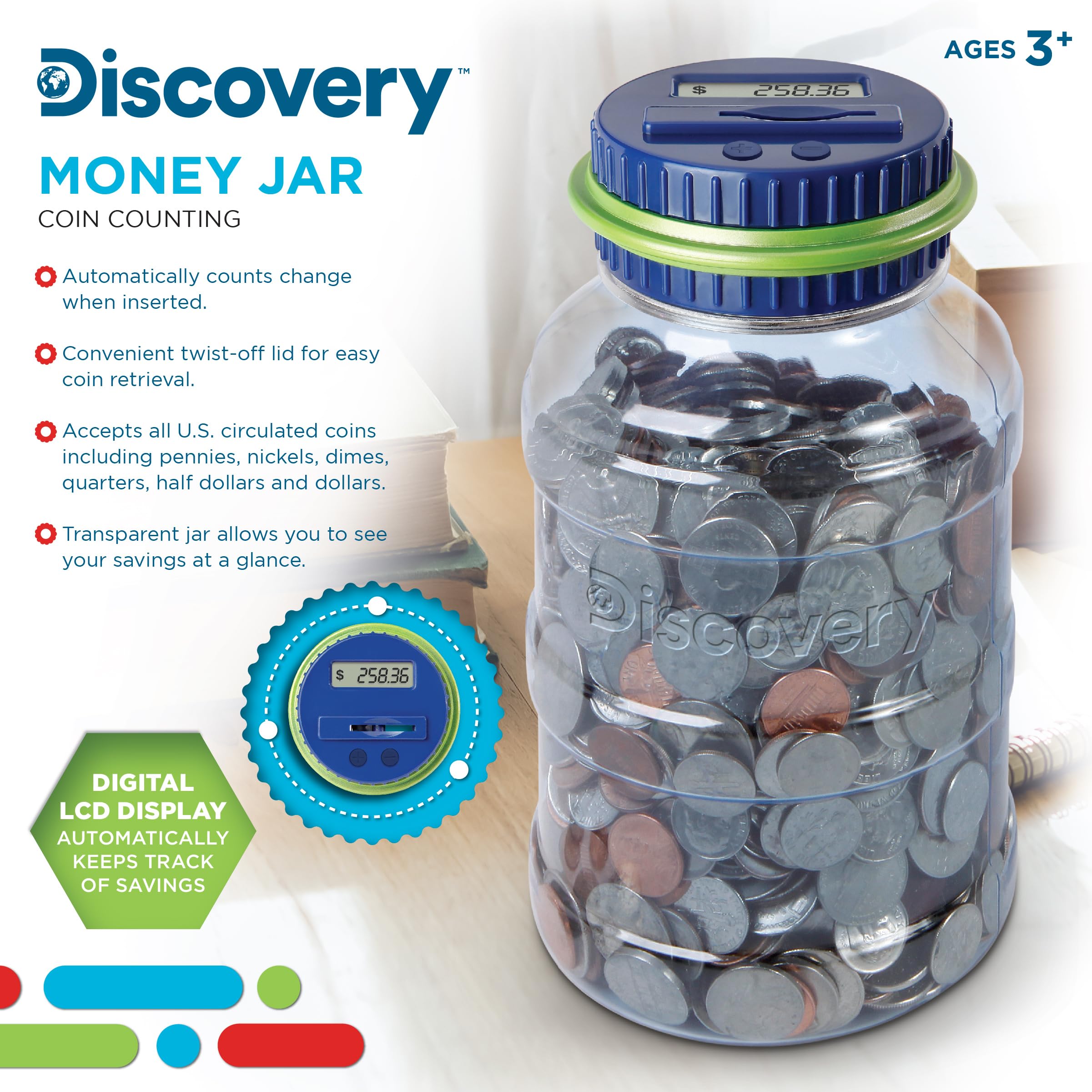 DISCOVERY KIDS Digital Coin-Counting Money Jar with LCD Screen, Keeps Track of Deposits, Battery Operated, Automatic Piggy Bank Savings for US Coins, Childrens Financial Educational Learning Tool Gift