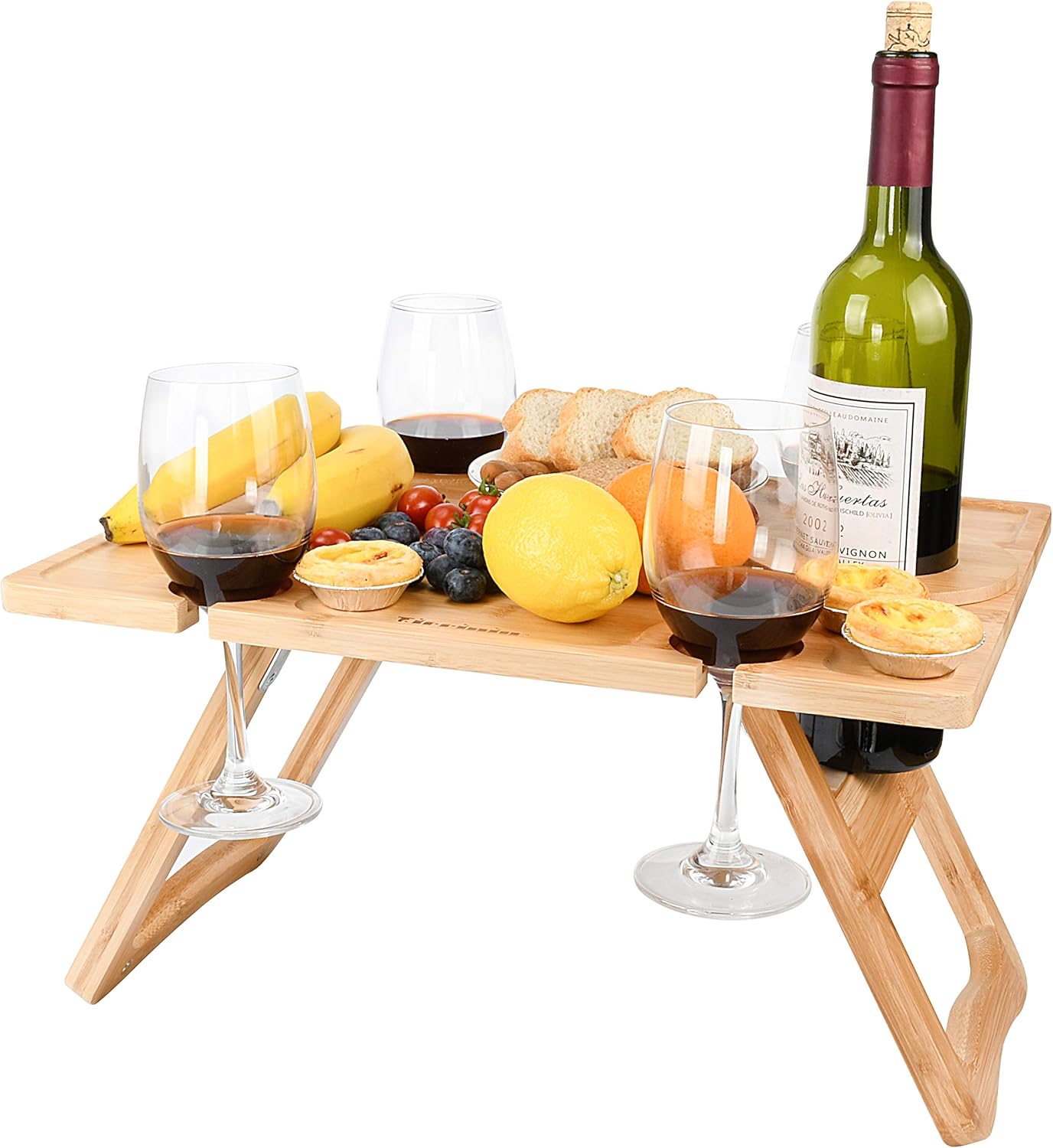 Tirrinia Outdoor Wine Picnic Table, Large Folding Portable Bamboo Snack & Cheese Tray with 4 Wine Glasses Holder for Concerts at Park, Beach, Ideal Wine Lover Gift : Garden & Outdoor