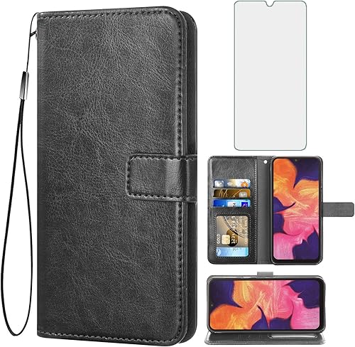 Asuwish Funda compatible con Samsung Galaxy A50, protector de pantalla de vidrio templado y funda de piel con tapa para tarjetero, accesorios para
