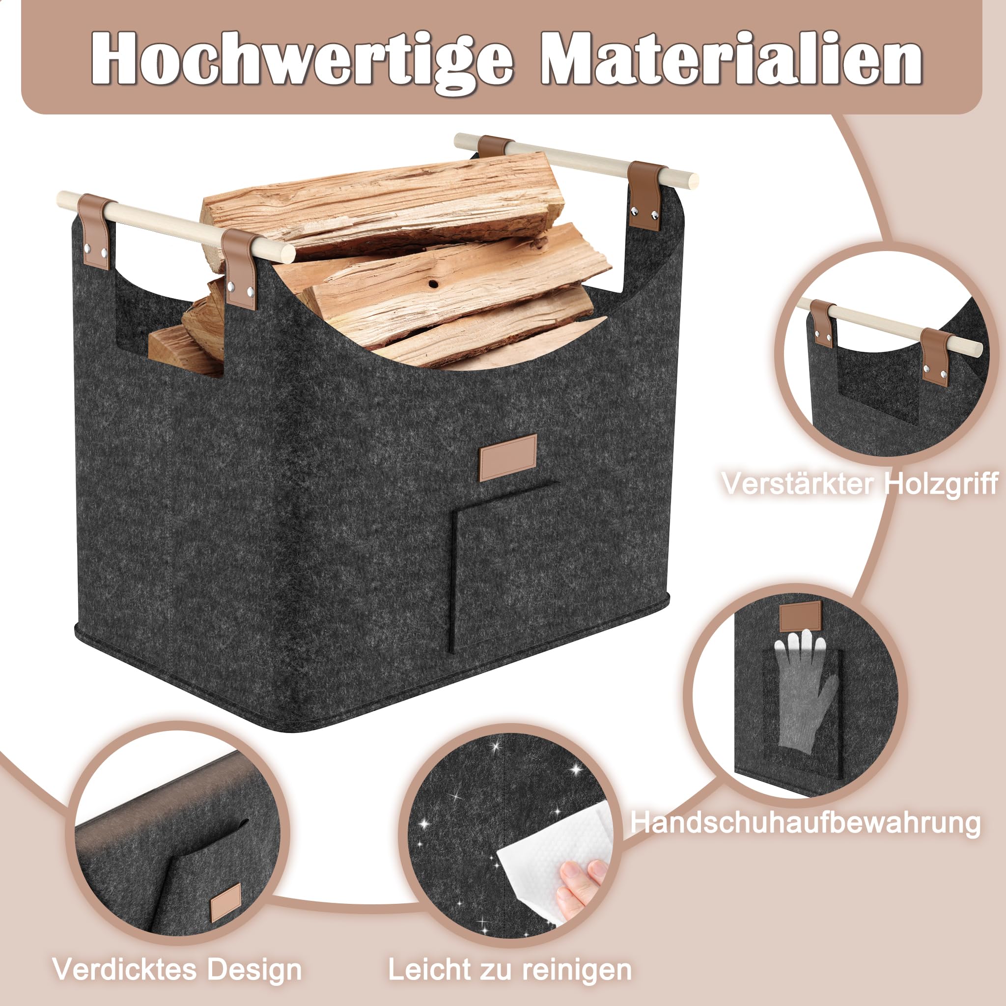 HENGMEI Brennholzkorb Filzkorb 4 Stück Holzkorb Kaminholz Filztaschen Extradickem Kaminholzkorb mit Griff Feuerholzkorb für Feuer Brennholz(50x32x40cm, Grau)