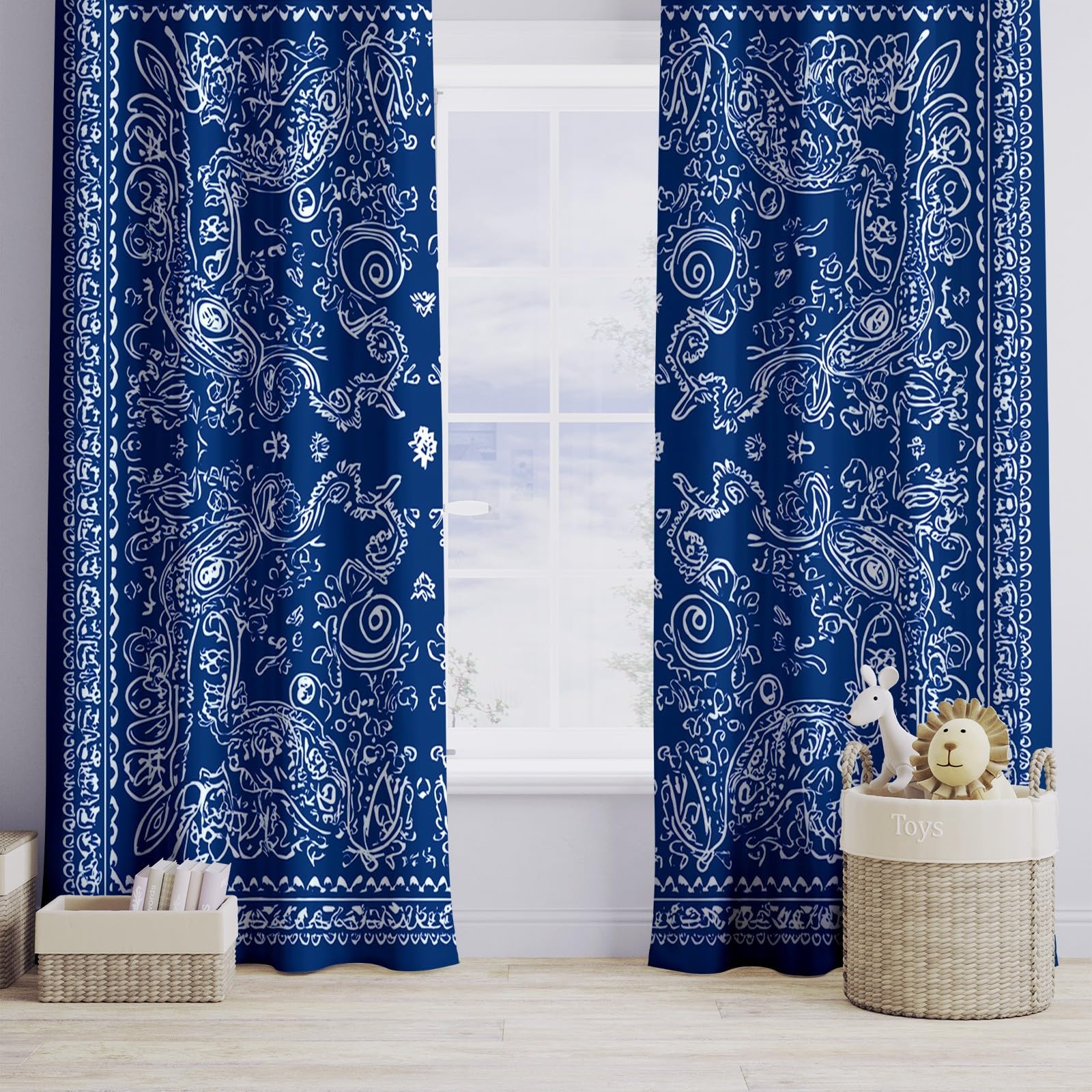 Générique Rideaux Occultants Enfant Motif Traditionnel 110 x 215 cm (L x H), Isolation Phonique à Œillets Foulard, pour Chambre Garçon (2 Panneaux) Bleu Foncé