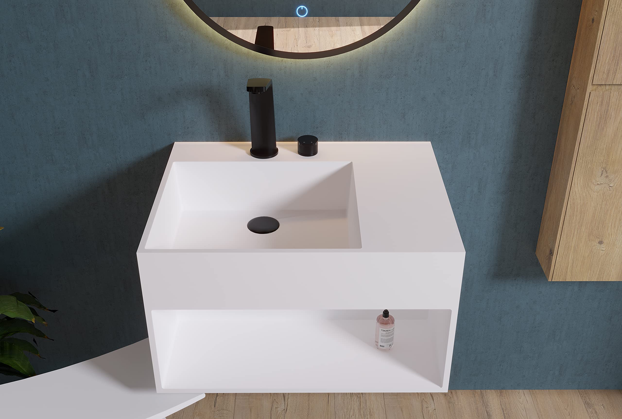 BERNSTEIN - Vasque Lavabo Rectangulaire suspendu fonte minérale Lave main mural Blanc mat 60x46x35cm + Etagère & Bonde pop-up noire - Design, Robuste & Durable - PB2158