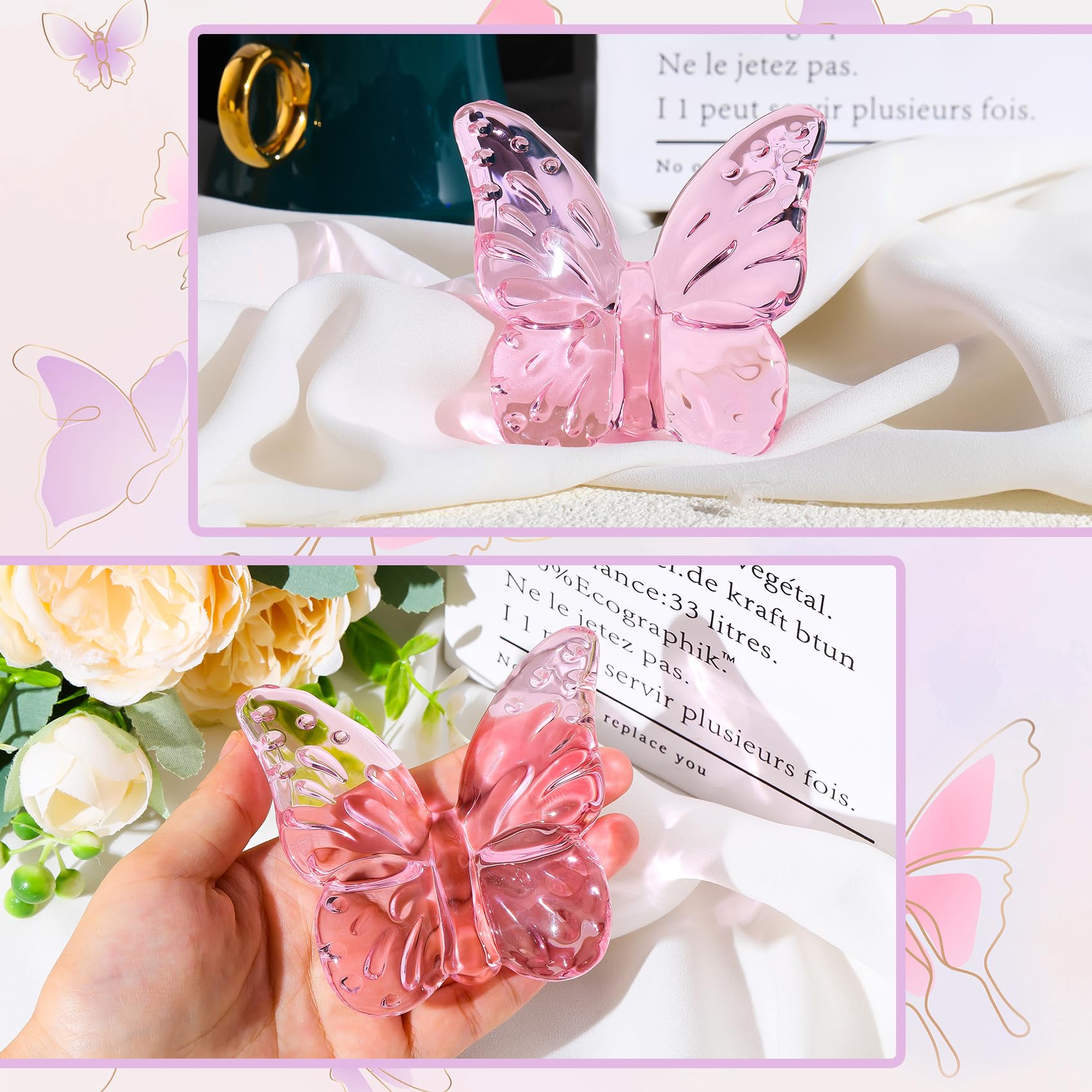 Movdyka Set di 2 decorazioni a forma di farfalla in vetro fatto a mano con farfalla in cristallo, centrotavola decorativo per souvenir di casa, regalo di compleanno per donne (rosa e viola