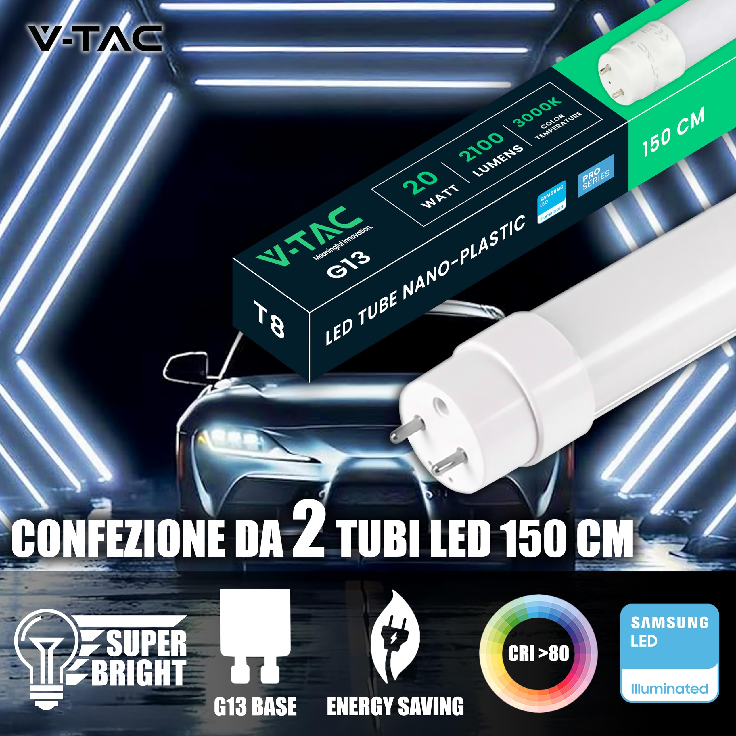 V-TAC LED 2x tube 150 cm - T8 - G13 socket 20W - 2100 lumens - Samsung chip - LED tubes for ceiling, wall, garage, shop - T8 tube - replacement for neon tubes - light 3000K warm white