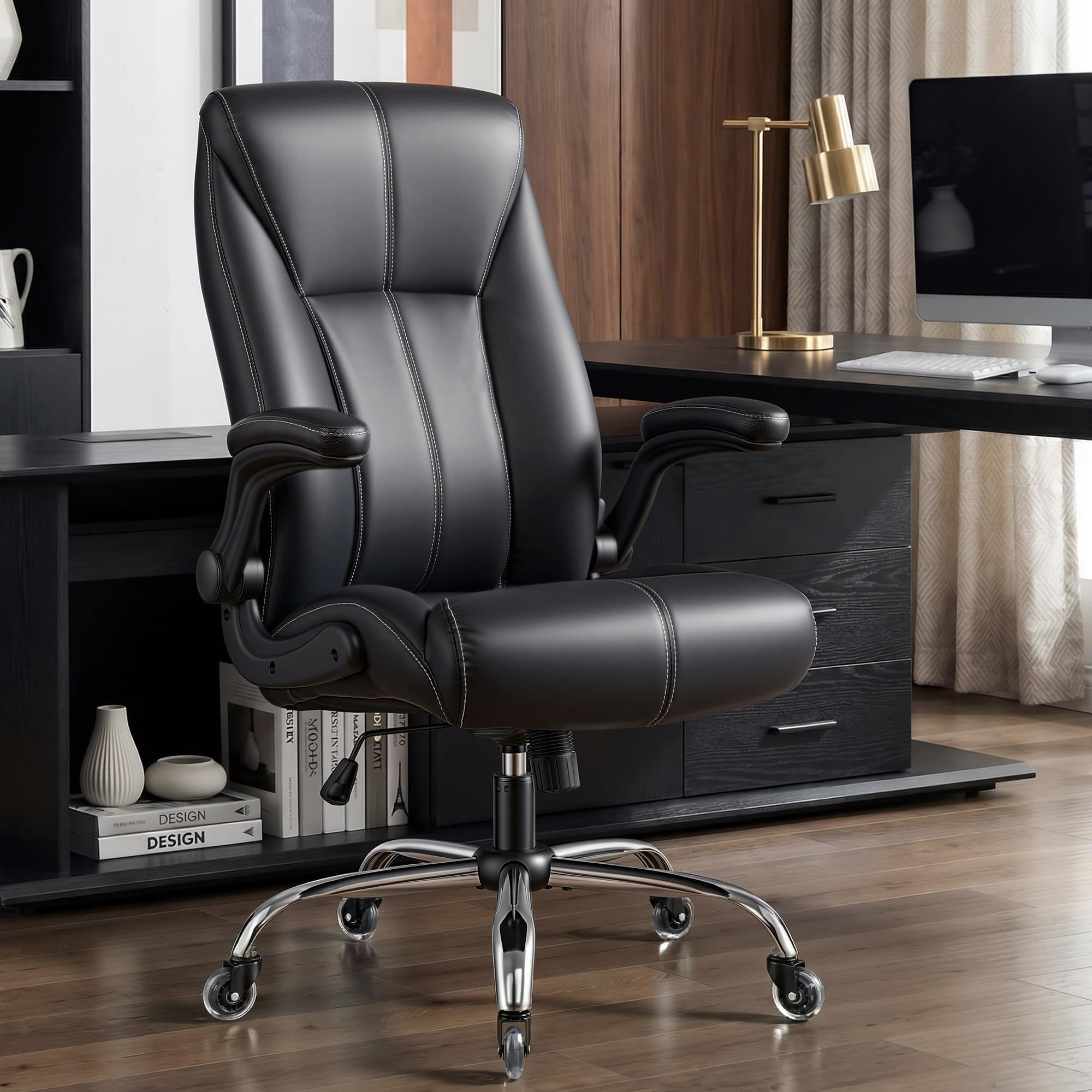 Big and Tall Office Chair for Heavy People, Executive Desk Computer Chair Adjustable Flip-up Armrests, PU Leather Swivel Task Chair with Ergonomic High Back and Lumbar Support