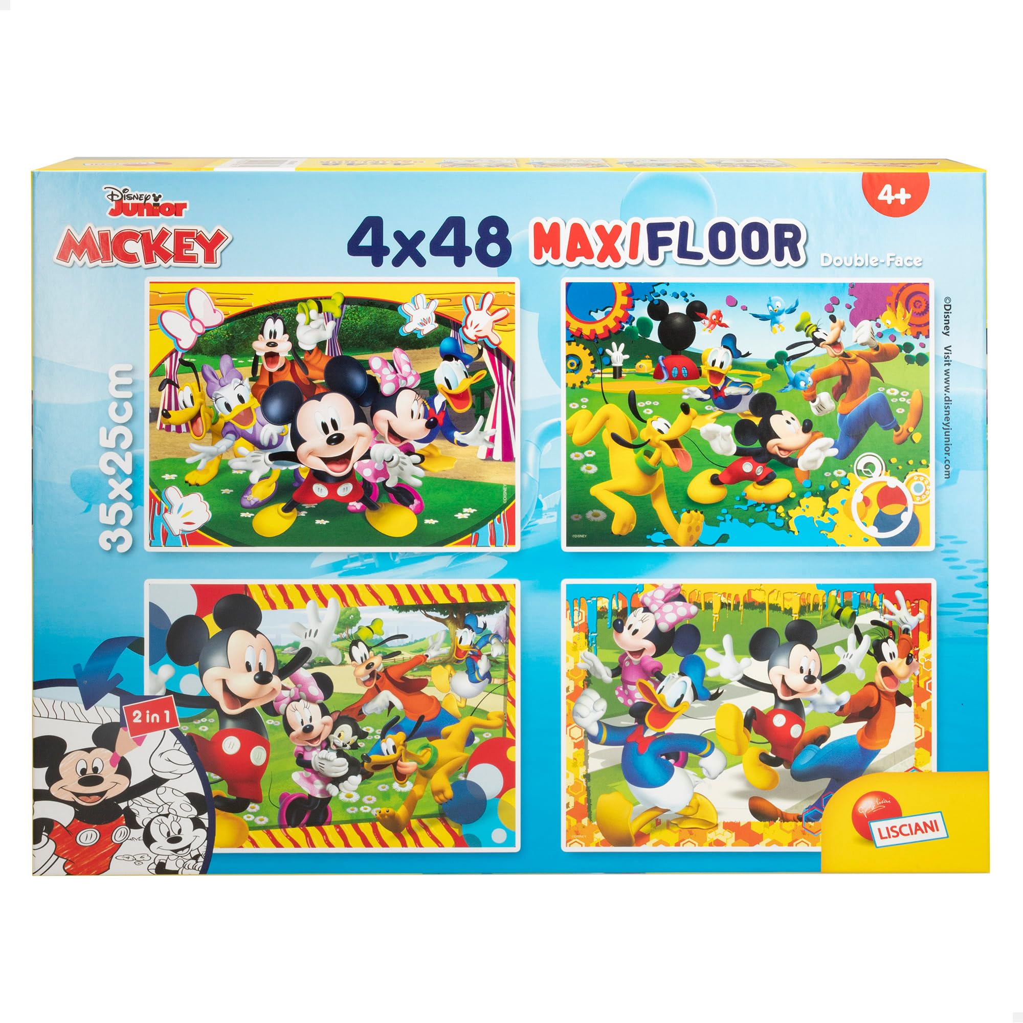 LISCIANI - PUZZLE DISNEY - 4 Puzzles de 48 Piezas - Para Niños a Partir de 4 años -2 en 1 Doble Cara - Reverso para Colorear - Juego Educativo