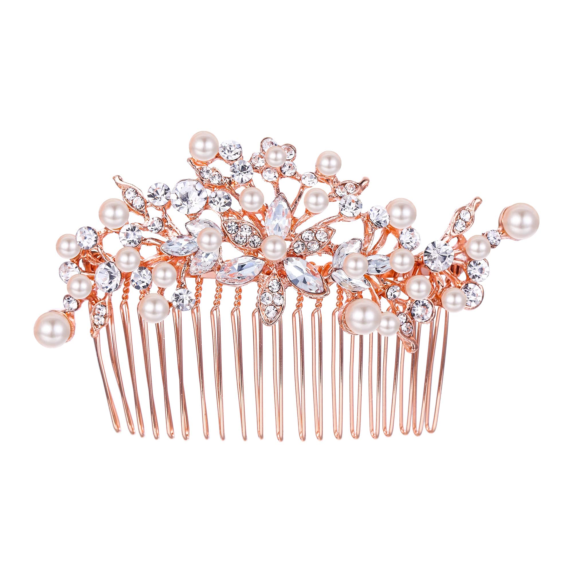 EVER FAITH Women's Crystal Glamour Simulated Pearl Flower Leaf Bridal Banquet Hair Comb Ivory Color Rose Gold-Tone