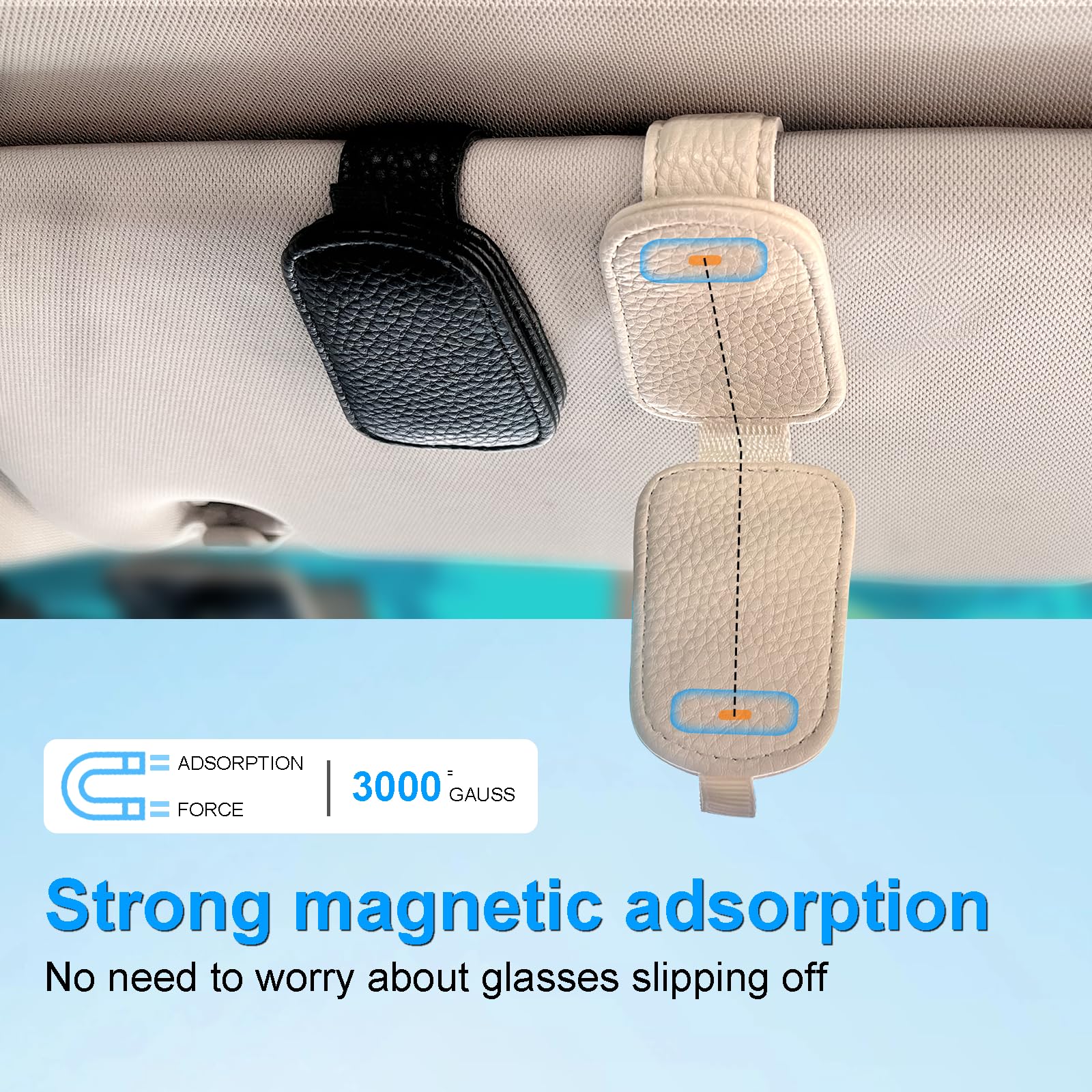 LTOHOE 2 Stück Sonnenbrillenhalter für Auto, magnetischer Leder-Sonnenbrillenhalter und Ticketkartenclip, universell für verschiedene Brillengrößen, Autovisierzubehör (beige)
