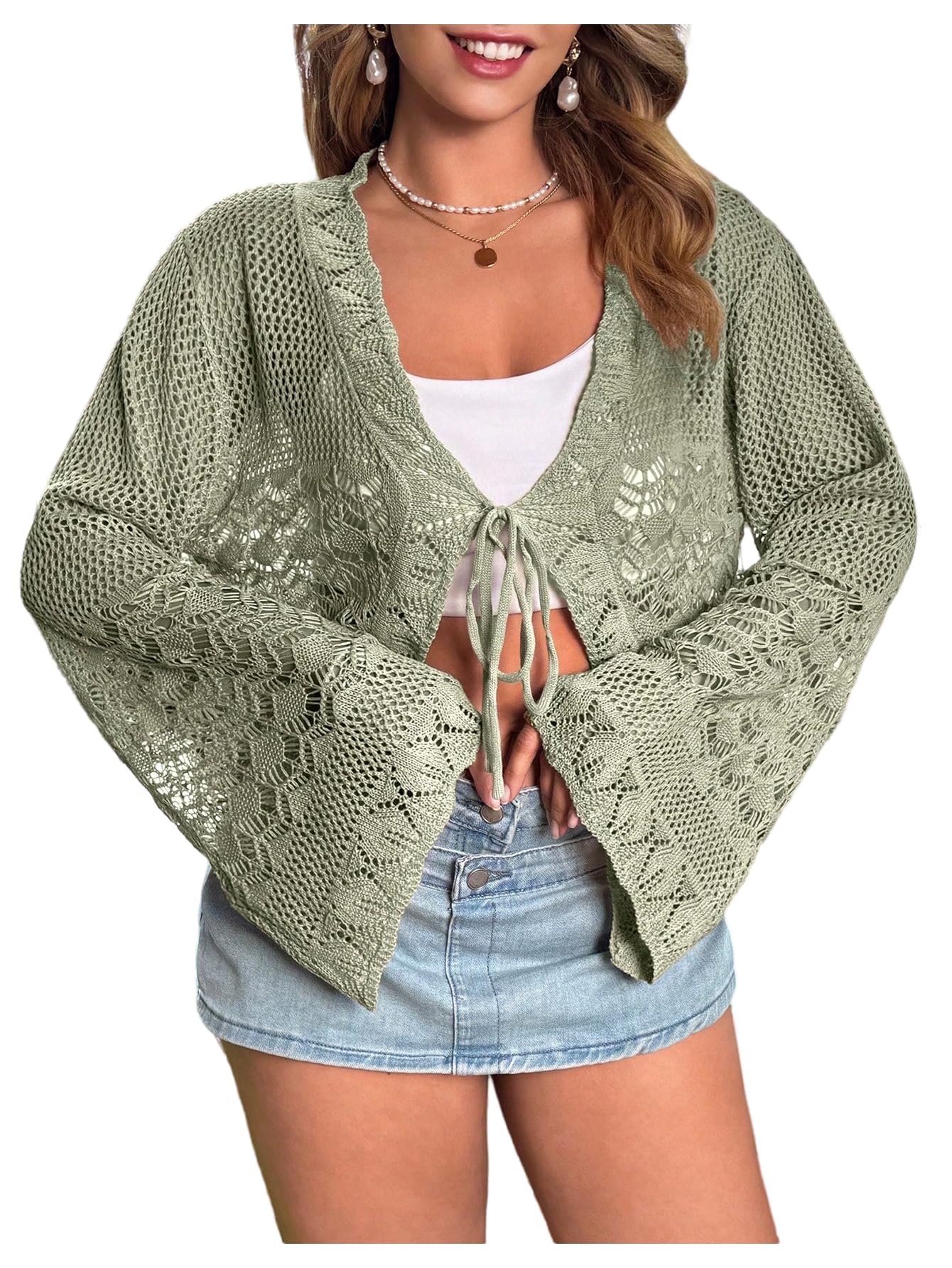 Floerns Womens Plus Size V Neck Long Flounce Sleeve Tie Front Knit Crop Cardigan
