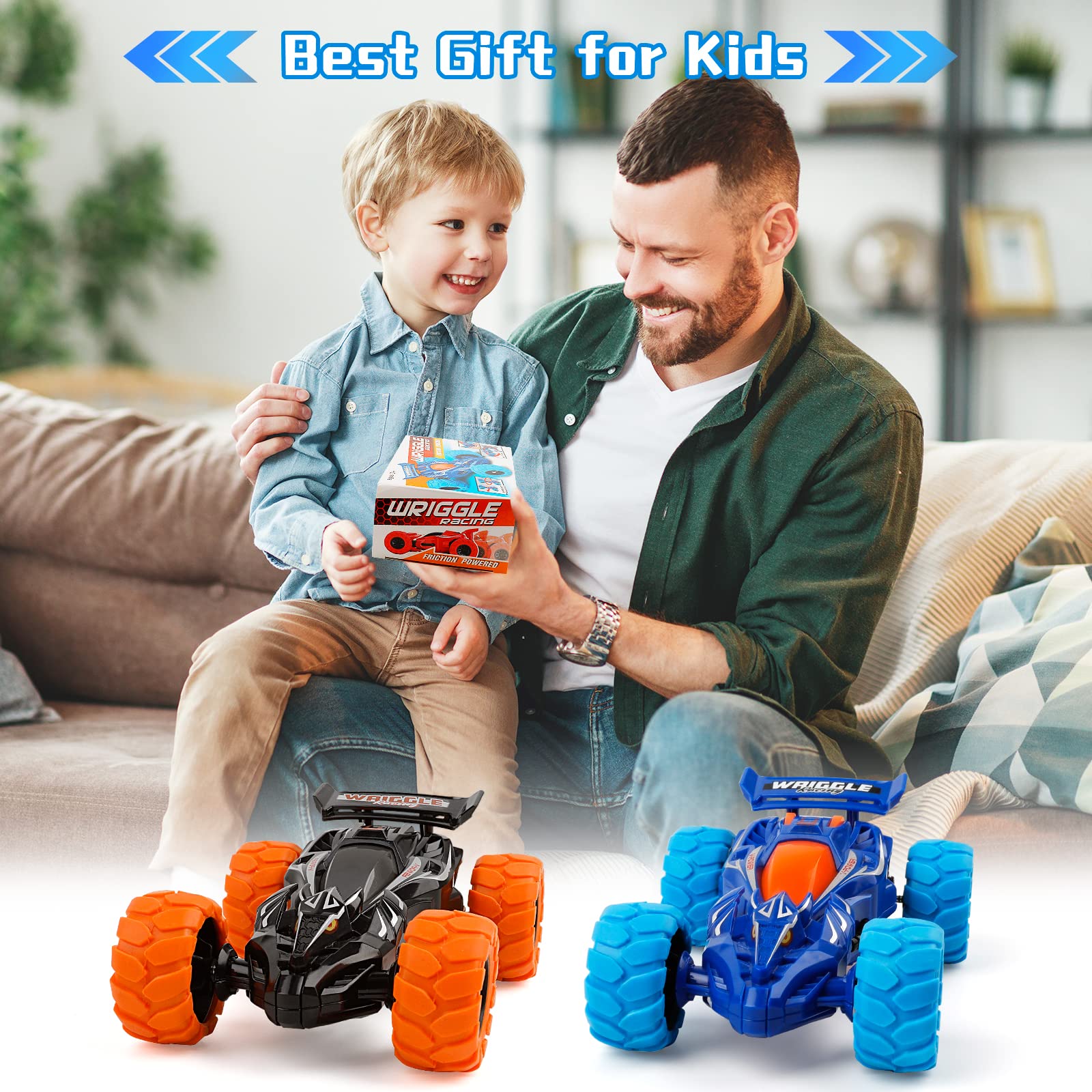 m zimoon Monster Truck Giocattoli, 2pezzi Tirare indietro Auto Inertia Auto 360 ° Girevole Stunt Dragon Veicoli Spingi e Vai Regali di Compleanno di Natale per 3-7 anni Ragazzi Ragazze (Blu, Nero)