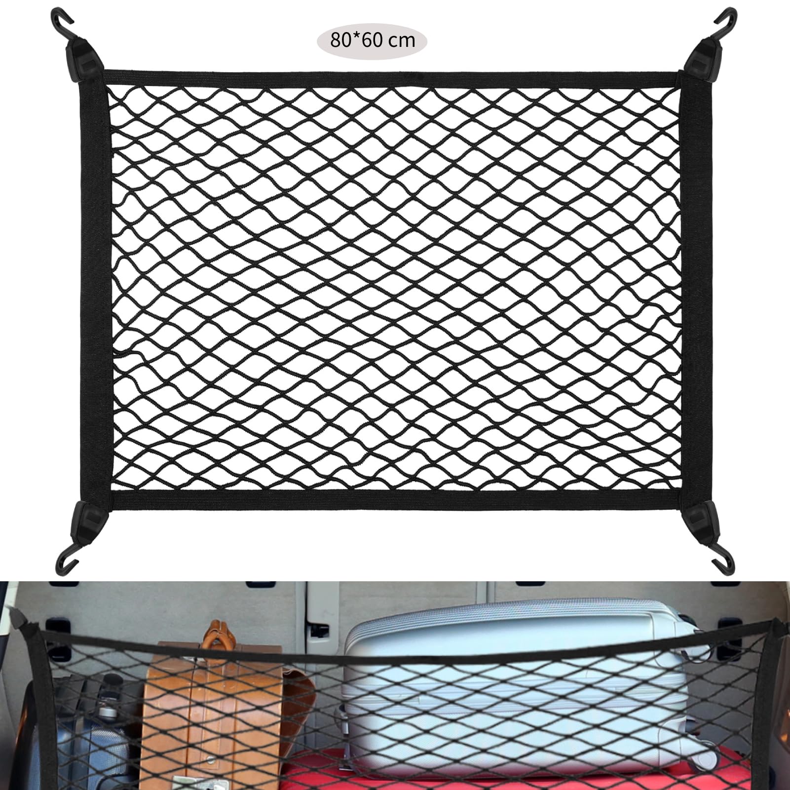 Zocipro Gepäcknetz, 80 x 60 cm Kofferraumnetz Gepäcknetz Auto Erweiterbar auf 160 x 120 cm, Gepäckraumnetz, Kofferraum Netz Ladungssicherung mit 4 ABS Haken für die Meisten Autos